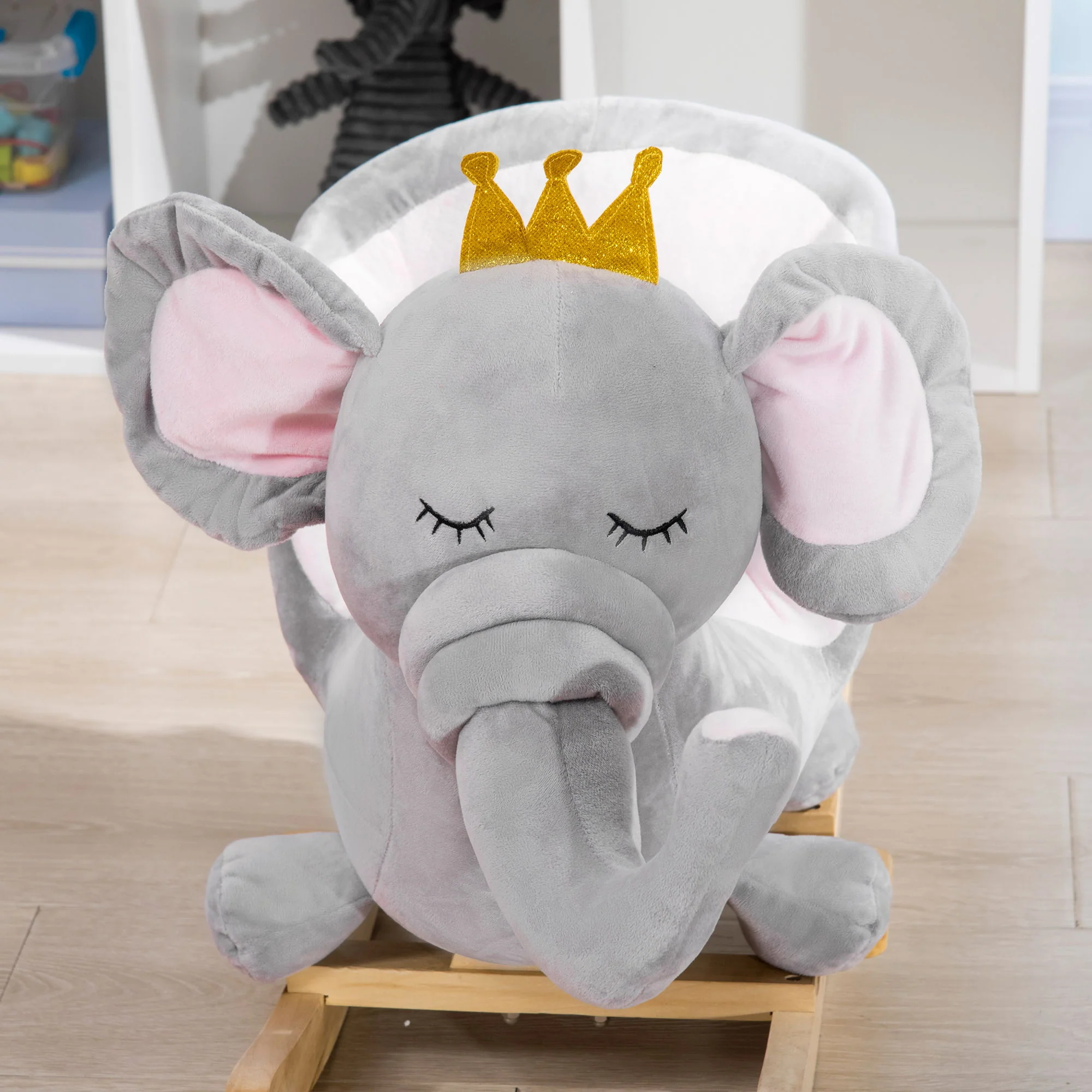 Qaba - Baby Rocking Horse Elephant Rocking Chair Toddler Rocker Toy With Sound Wooden Base Seat Safety Belt For 1.5-3 Year Old - Gray - Image 2