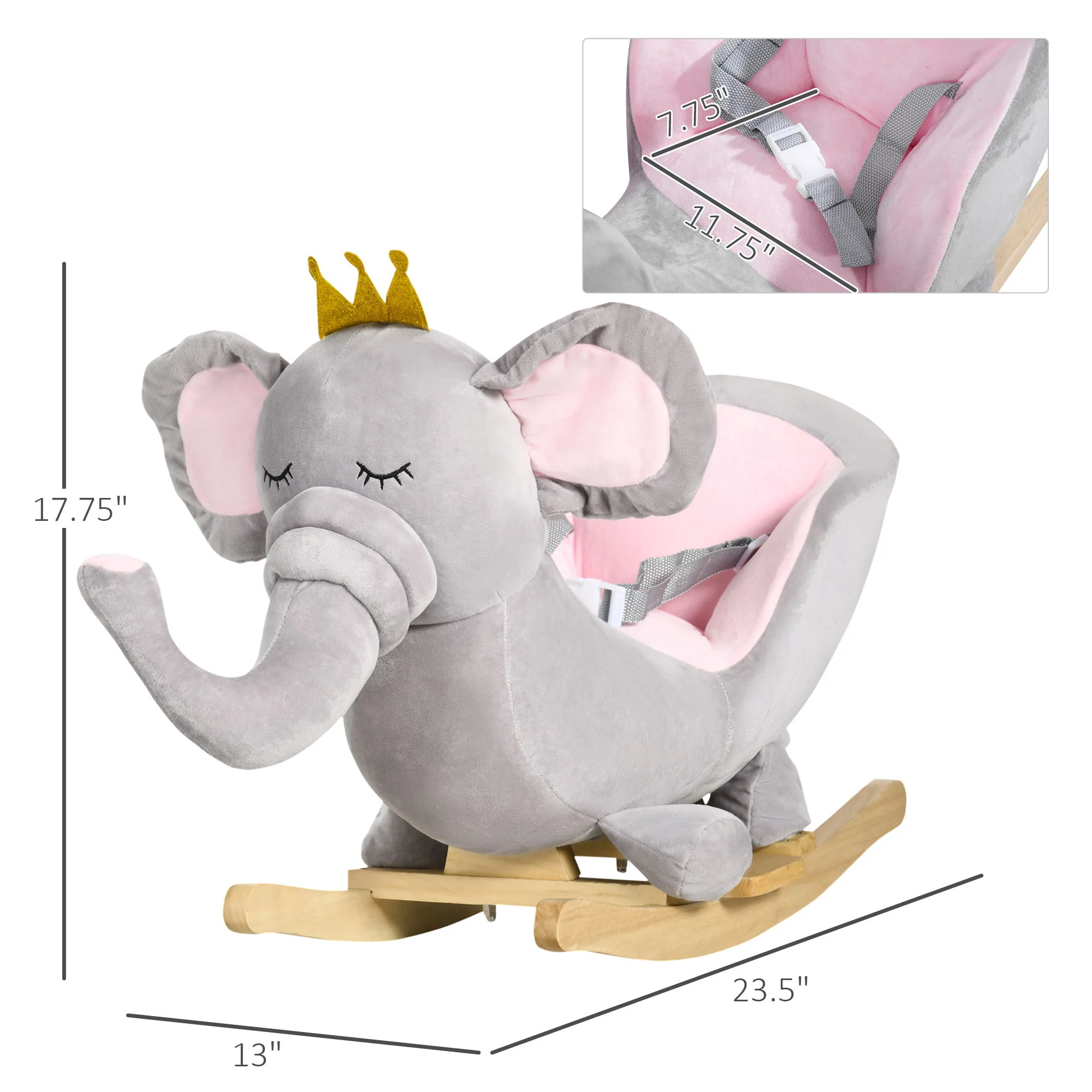 Qaba - Baby Rocking Horse Elephant Rocking Chair Toddler Rocker Toy With Sound Wooden Base Seat Safety Belt For 1.5-3 Year Old - Gray - Image 5