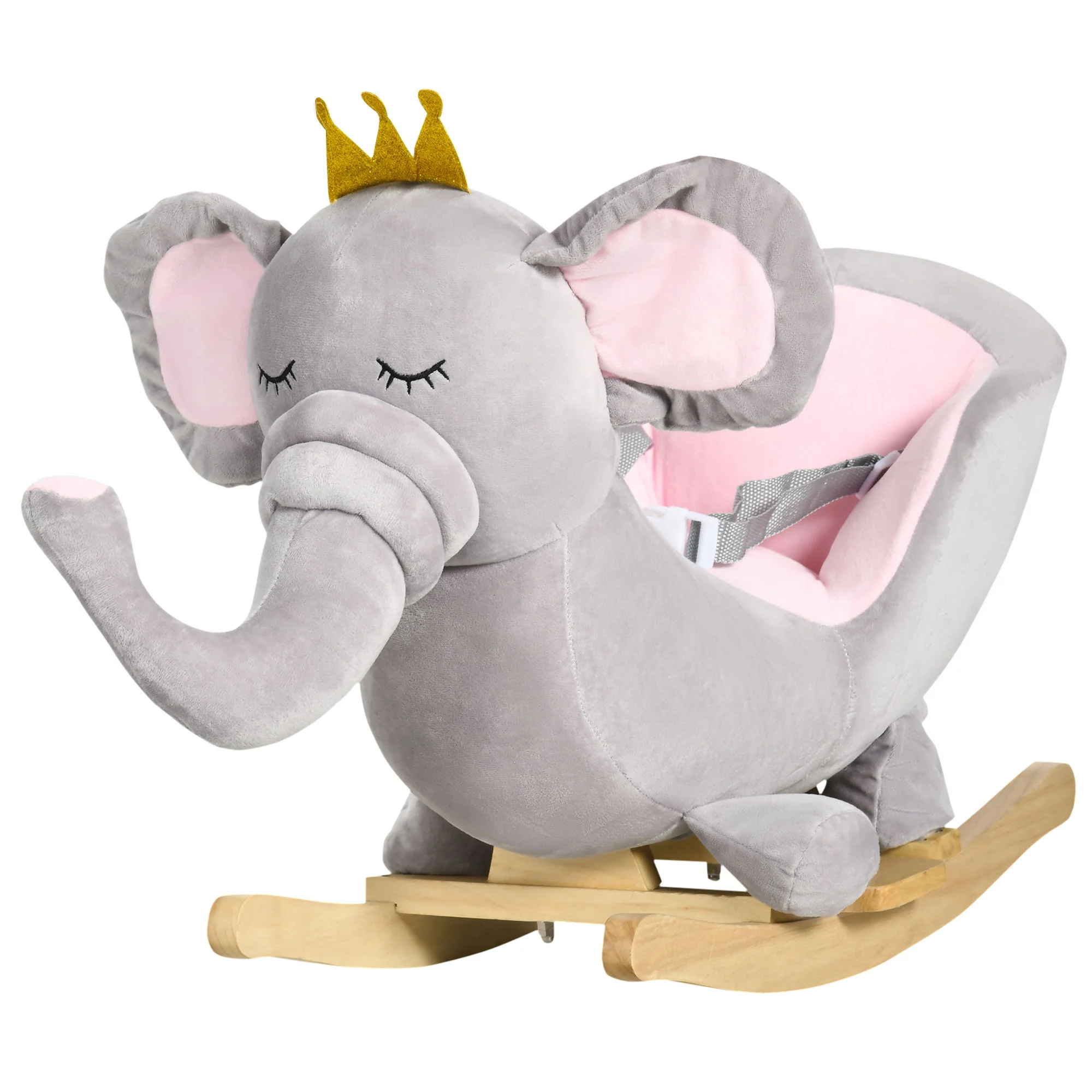 Qaba - Baby Rocking Horse Elephant Rocking Chair Toddler Rocker Toy With Sound Wooden Base Seat Safety Belt For 1.5-3 Year Old - Gray - Image 8