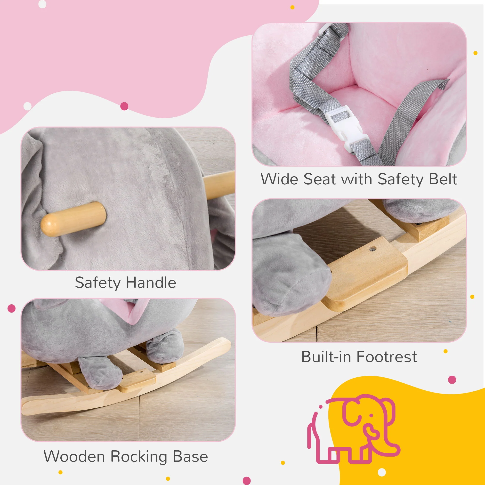 Qaba - Baby Rocking Horse Elephant Rocking Chair Toddler Rocker Toy With Sound Wooden Base Seat Safety Belt For 1.5-3 Year Old - Gray - Image 9