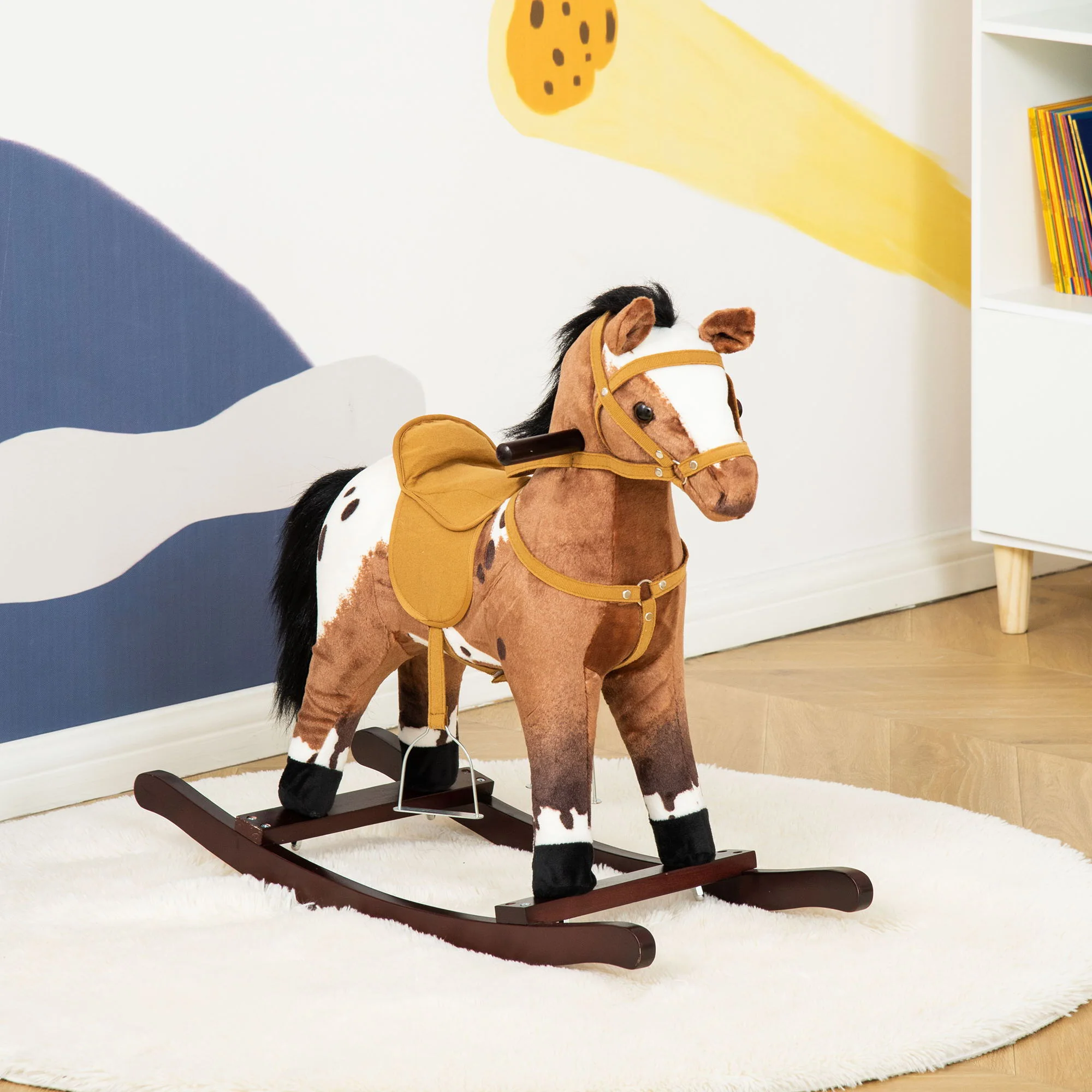 Qaba - Kids Metal Plush Ride-On Rocking Horse Chair Toy With Realistic Sounds - Dark Brown / White - Image 5