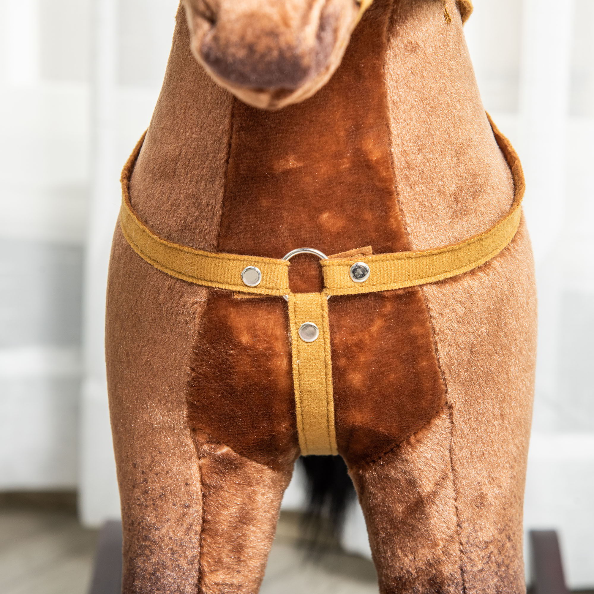 Qaba - Kids Metal Plush Ride-On Rocking Horse Chair Toy With Realistic Sounds - Dark Brown / White - Image 6