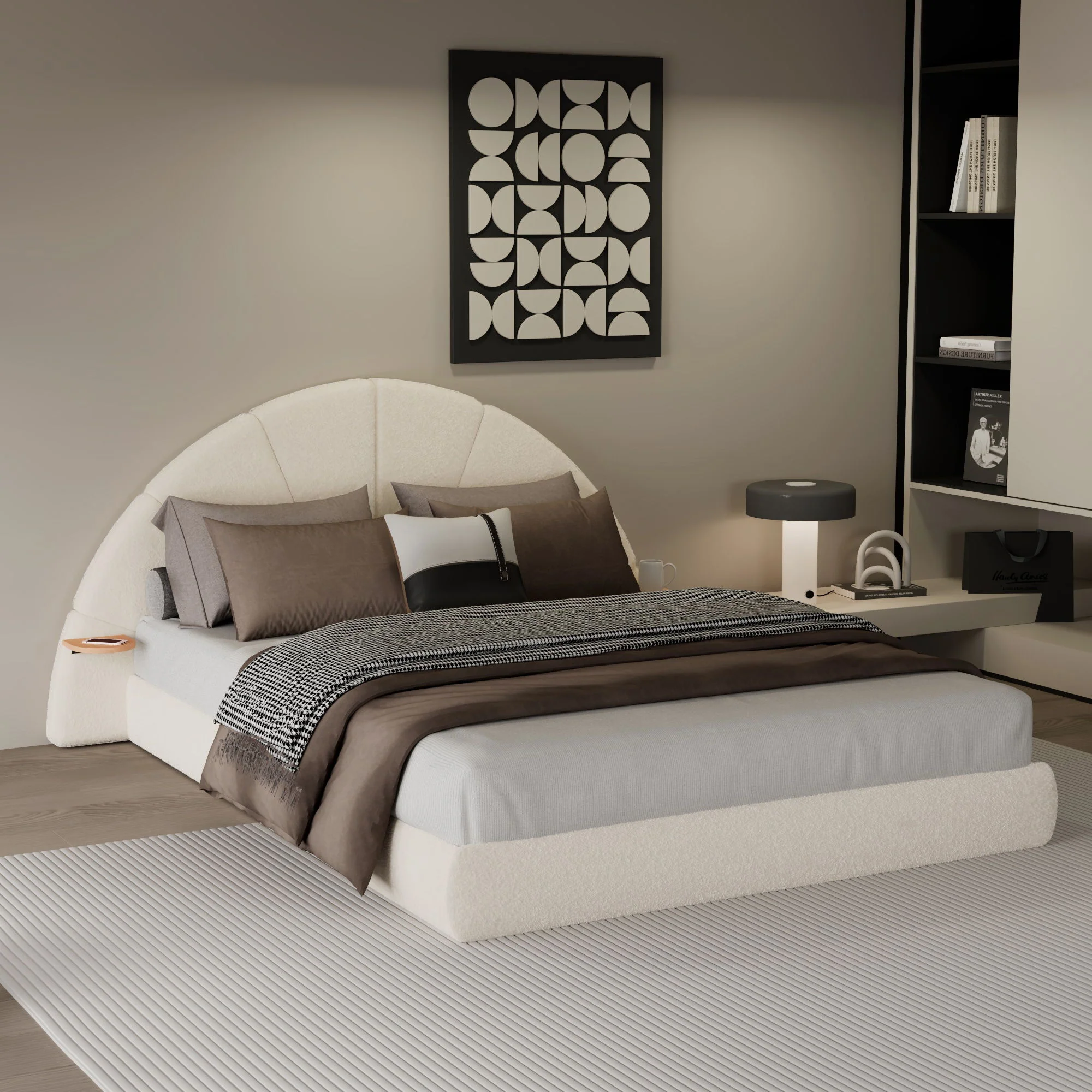 Queen Arched Bed With Small Table, Floor Standing Design - Beige - Image 4