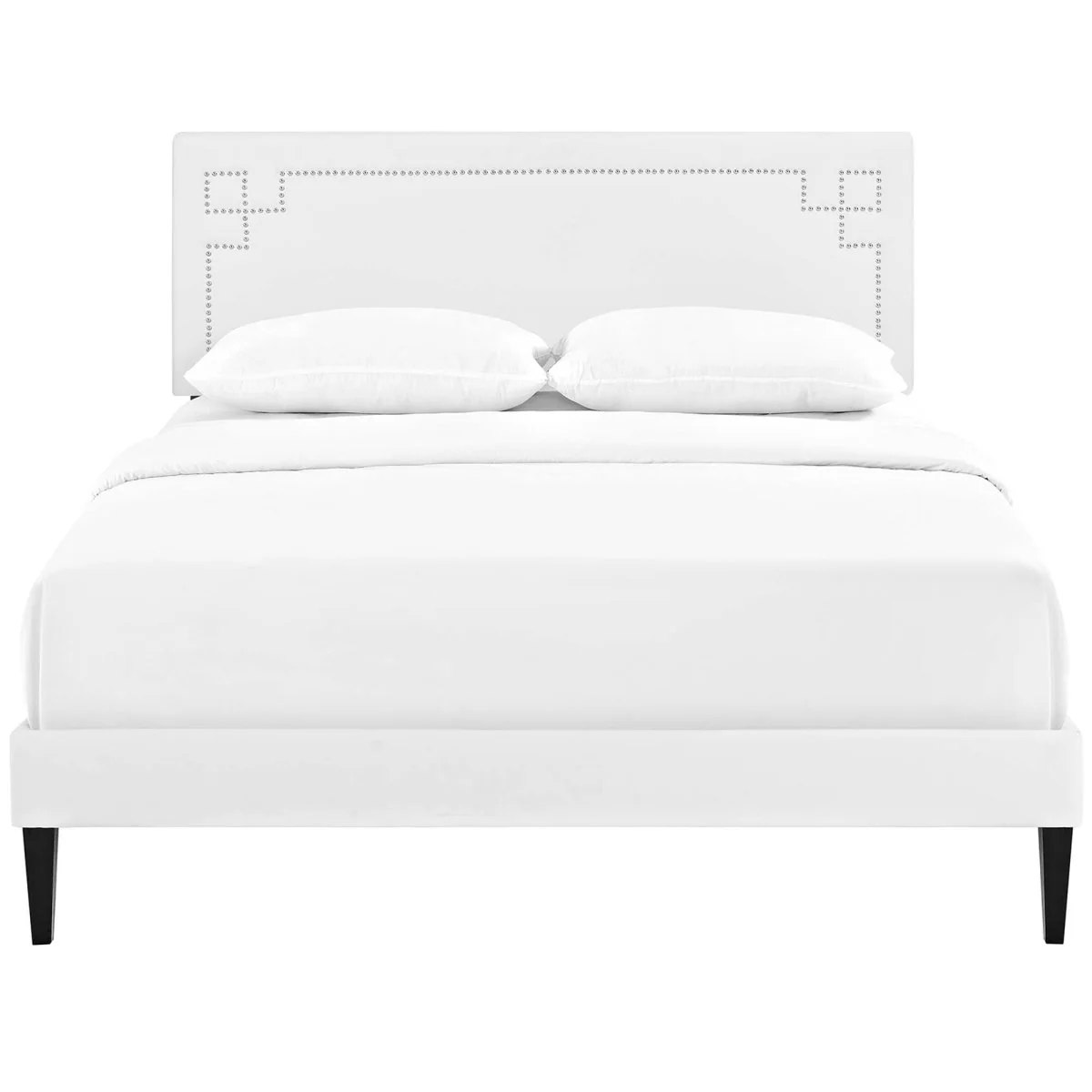 Queen Mid-Century Modern Upholstered Vinyl Platform Bed in White - Image 4