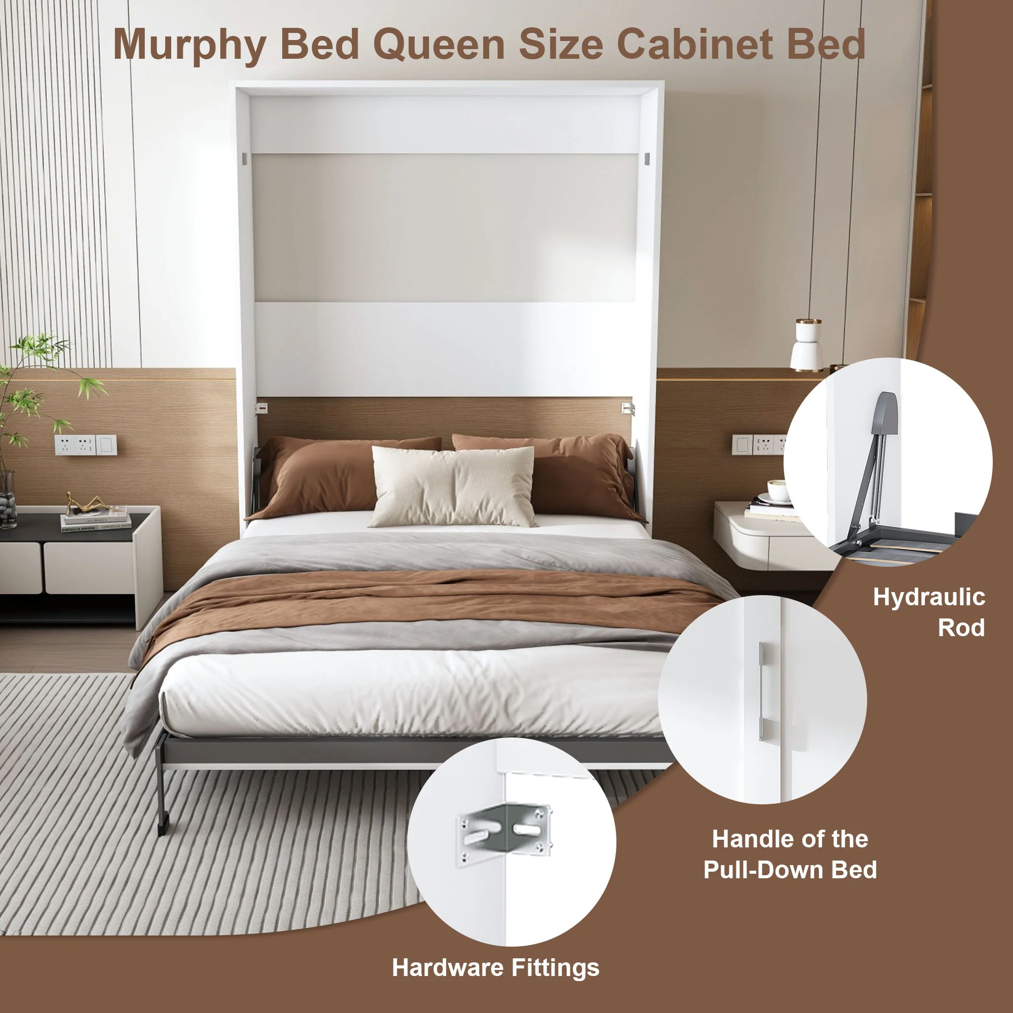 Queen Murphy Bed, Foldable Wall Bed, Space Saving Design For Bedrooms - White - Image 8