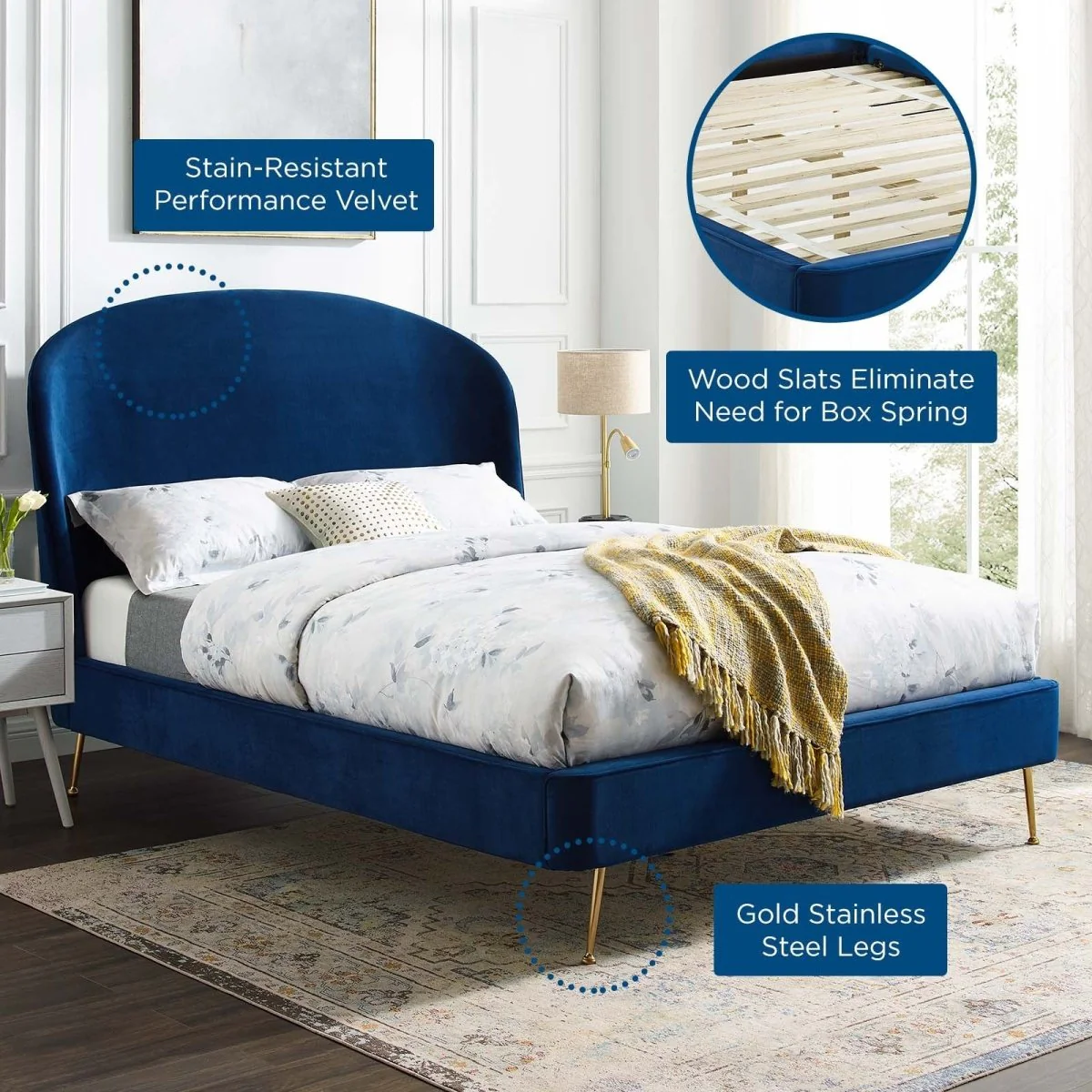 Queen Performance Velvet Platform Bed with Brushed Gold Splayed Legs in Navy - Image 4