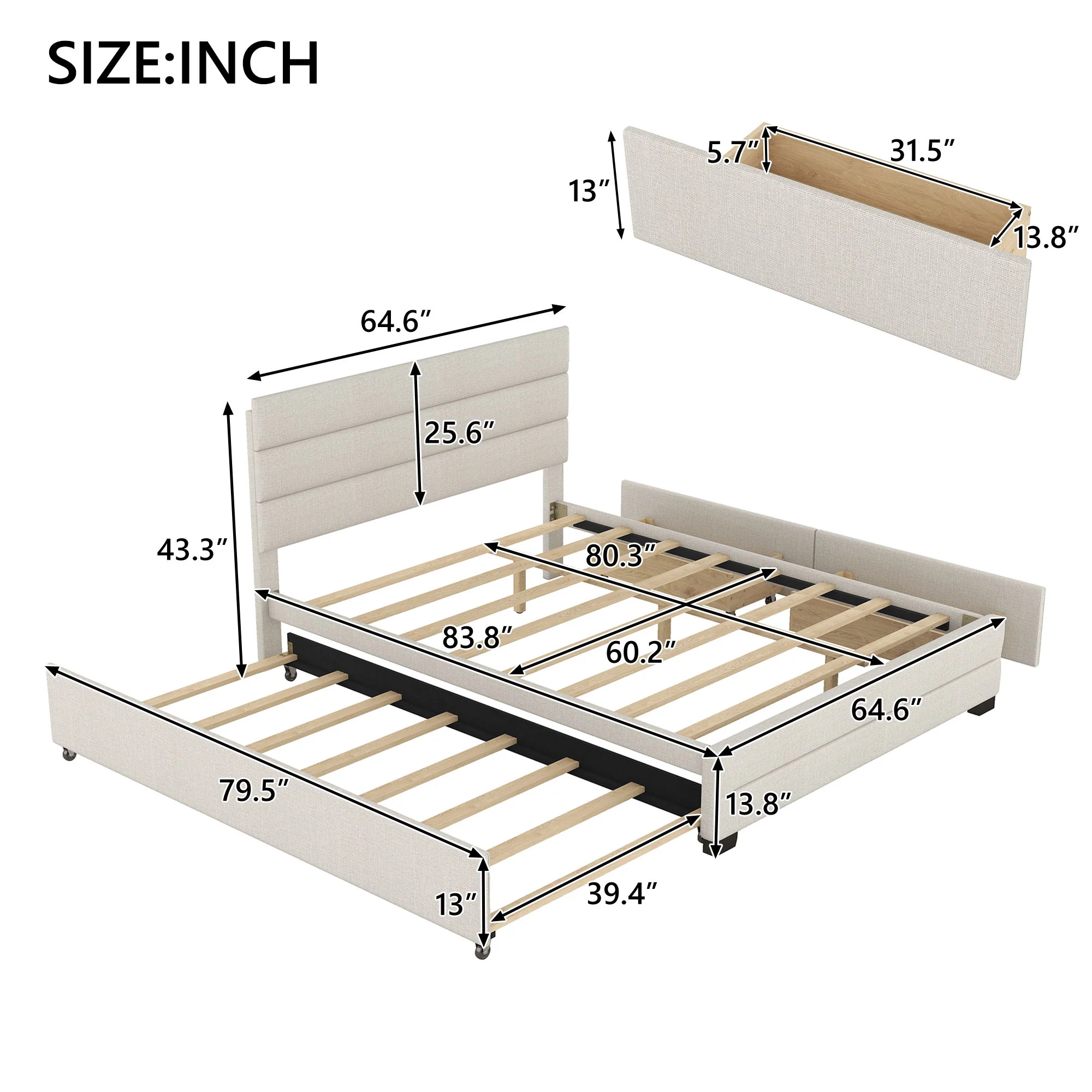 Queen Platform Bed With Twin Trundle And 2 Storage Drawers - Beige - Image 2