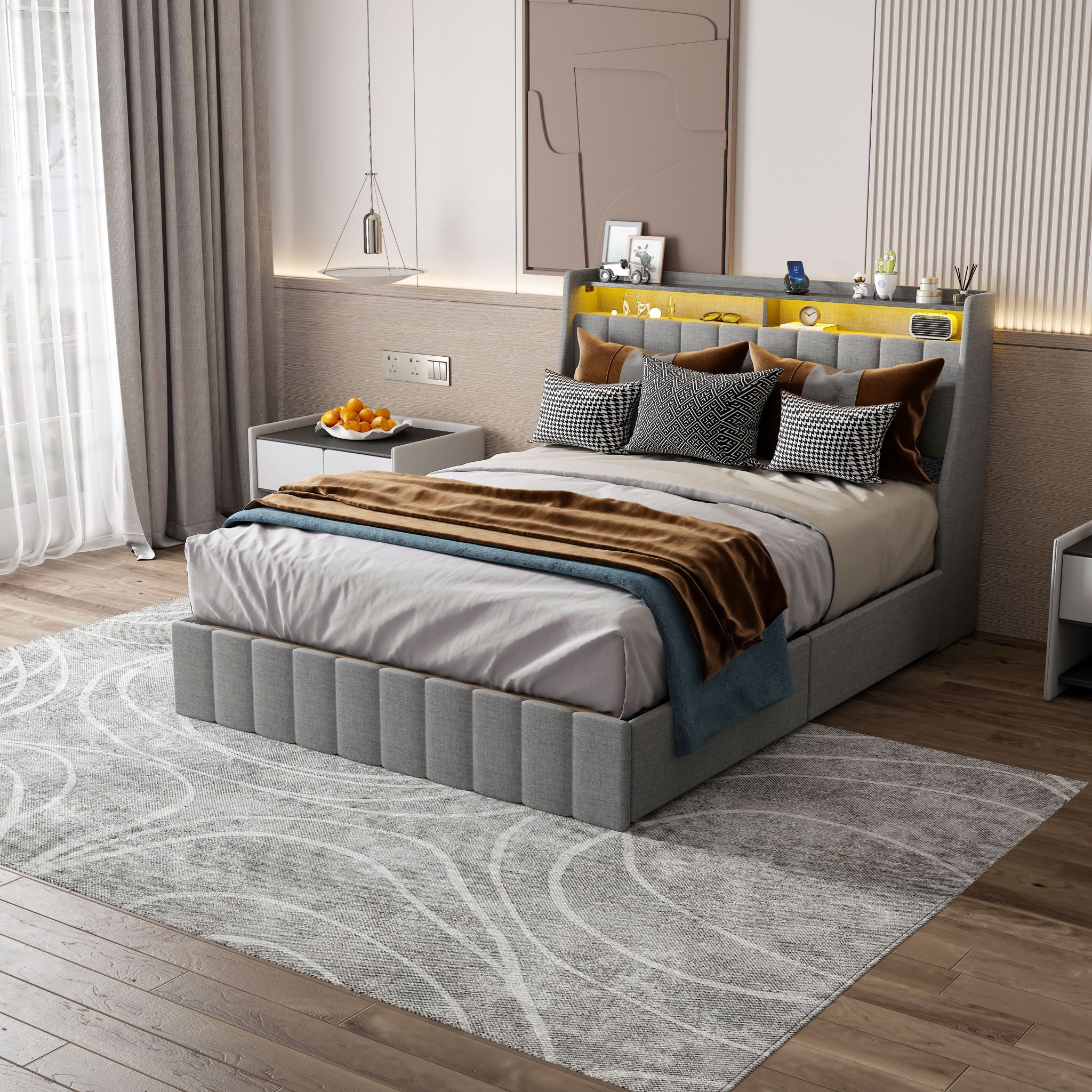 Queen Size Bed Frame With LED Lighting, Winged Headboard With Storage Drawers - Light Gray - Image 2