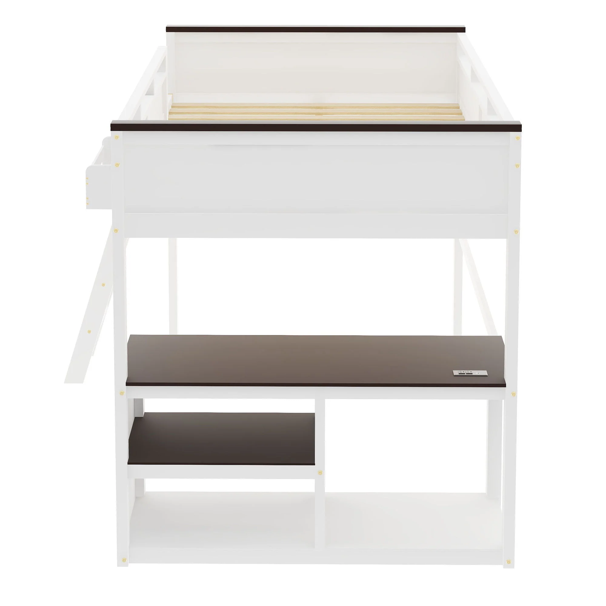 Queen Size Loft Bed With Desk, Open Shelf, Storage Box And USB Charging Station - White - Image 2