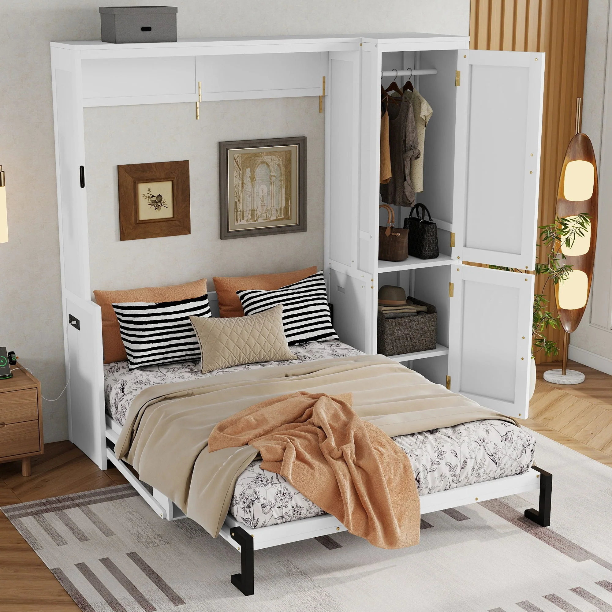 Queen Size Murphy Bed With Wardrobe, Space-Saving Hidden Wall Bed With Desk And Charging Station - White - Image 6