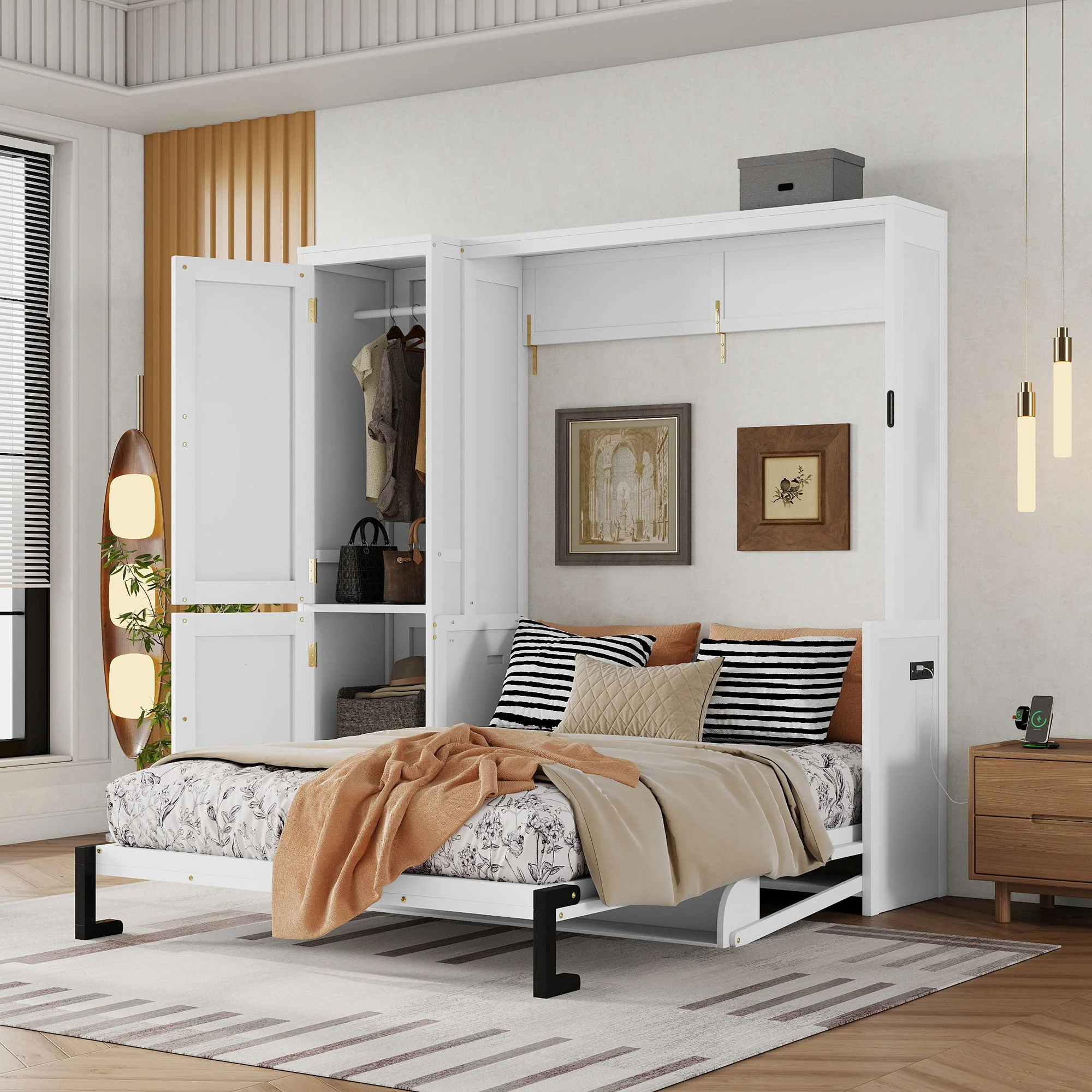 Queen Size Murphy Bed With Wardrobe, Space-Saving Hidden Wall Bed With Desk And Charging Station - White - Image 9