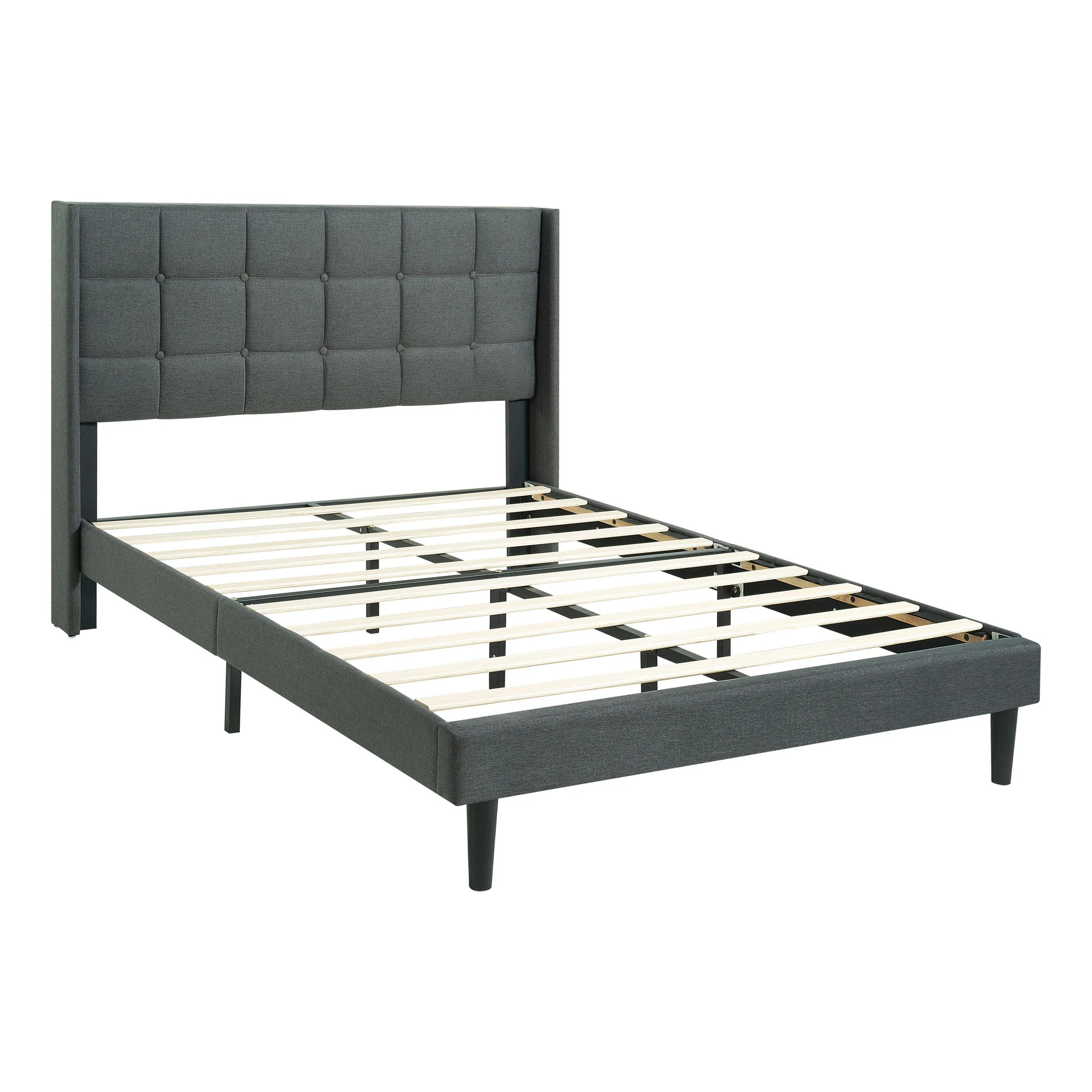 Queen Size Upholstered Platform Bed Frame With Button Tufted Linen Fabric Headboard - Dark Gray - Image 8