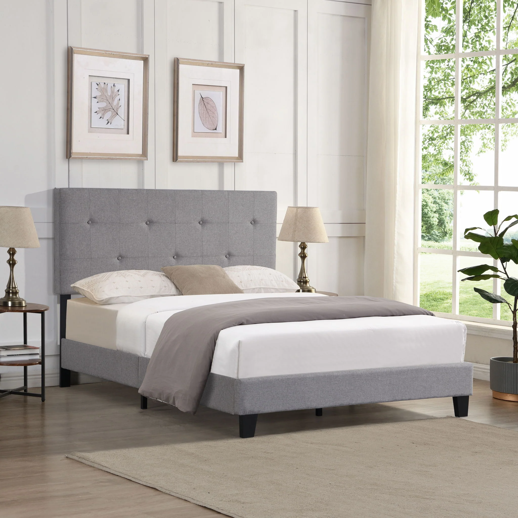 Queen Size Upholstered Platform Bed Frame With Button Tufted Linen Headboard, No Box Spring Needed, Wood Slat Support - Gray - Image 4