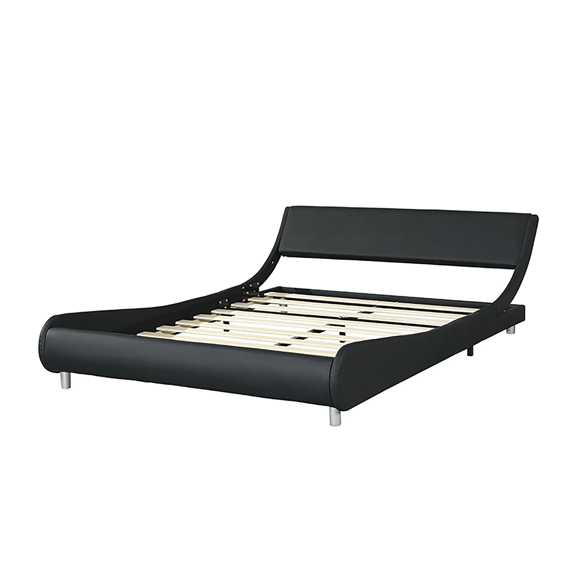 Queen Size Upholstered Platform Bed Frame With LED Lighting, Curve Design, Slat Support, No Box Spring Needed - Black - Image 2