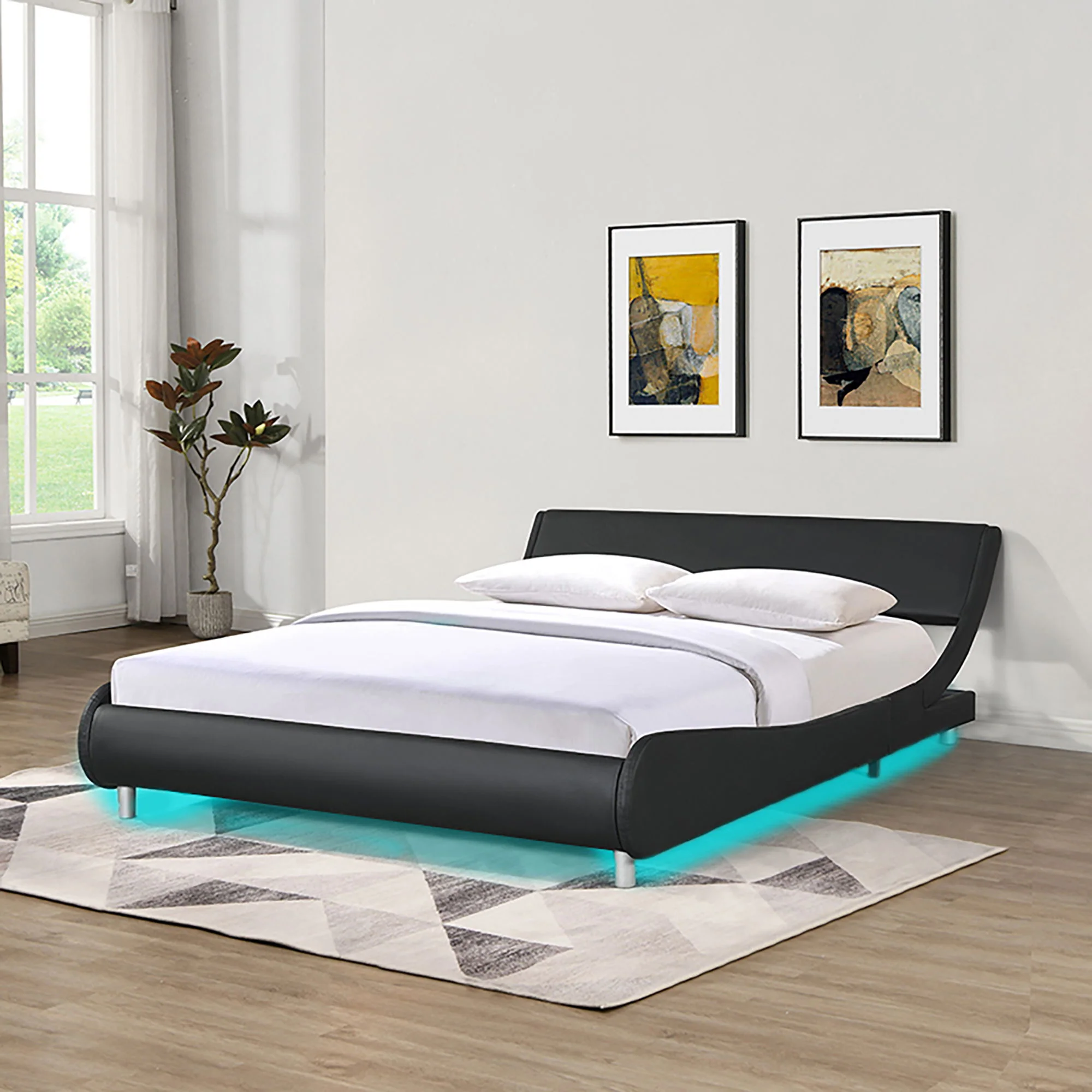 Queen Size Upholstered Platform Bed Frame With LED Lighting, Curve Design, Slat Support, No Box Spring Needed - Black - Image 4