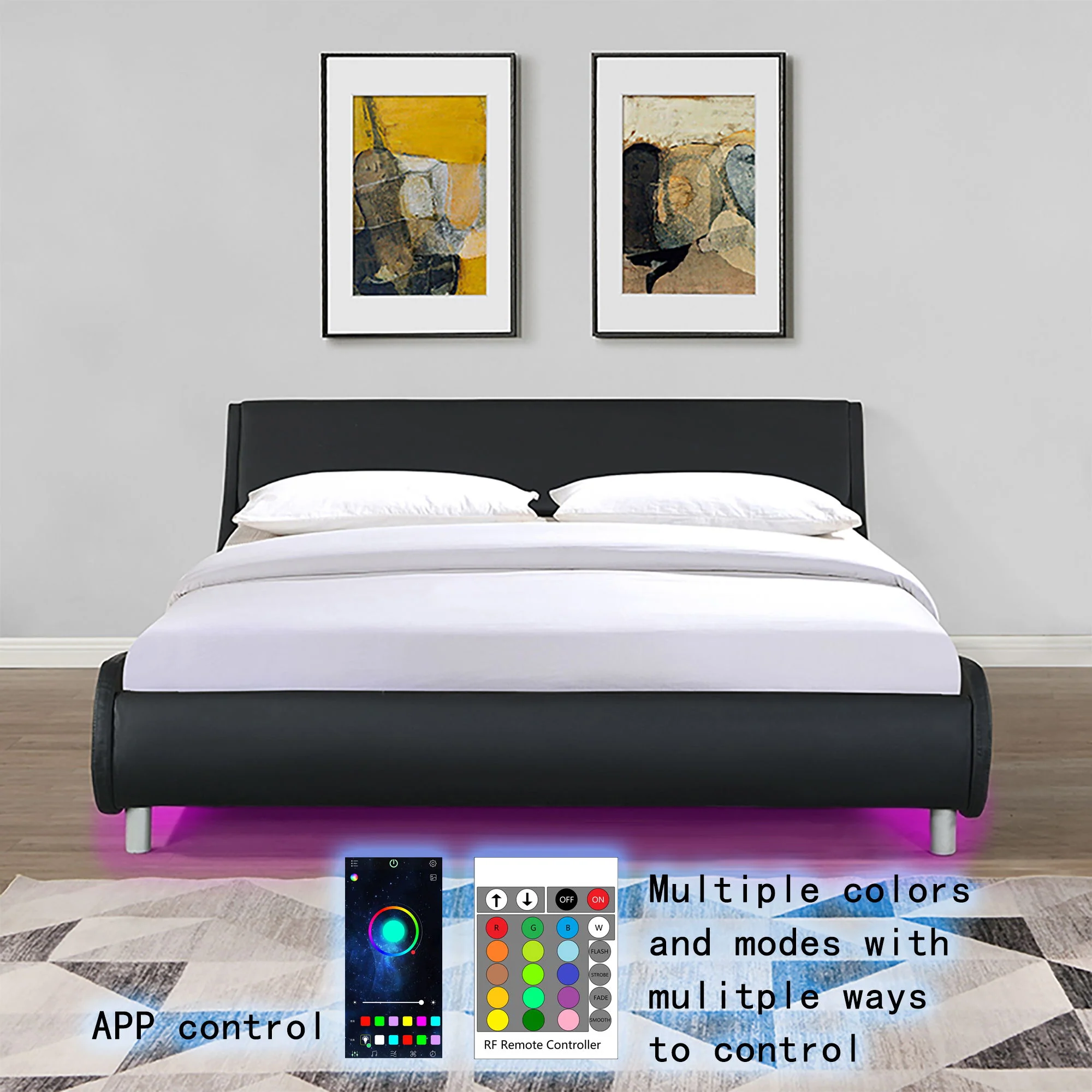 Queen Size Upholstered Platform Bed Frame With LED Lighting, Curve Design, Slat Support, No Box Spring Needed - Black - Image 7