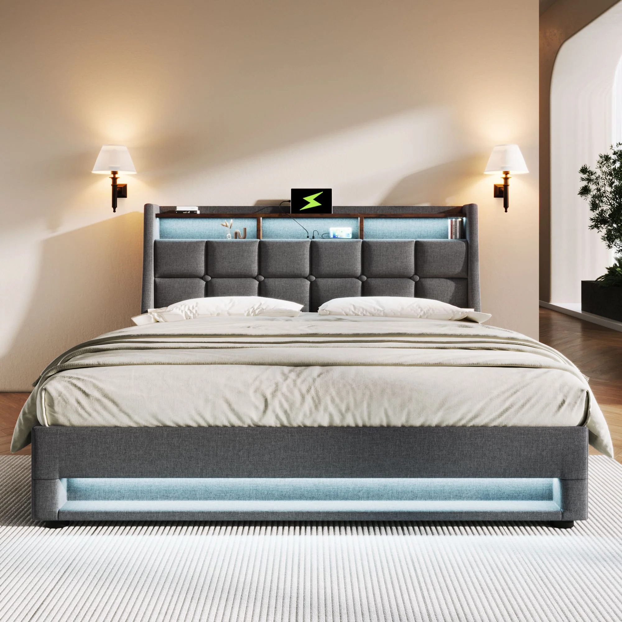 Queen Size Upholstered Platform Bed With A Hydraulic Storage System, LED And USB Charging (Without Mattress) - Gray - Image 4