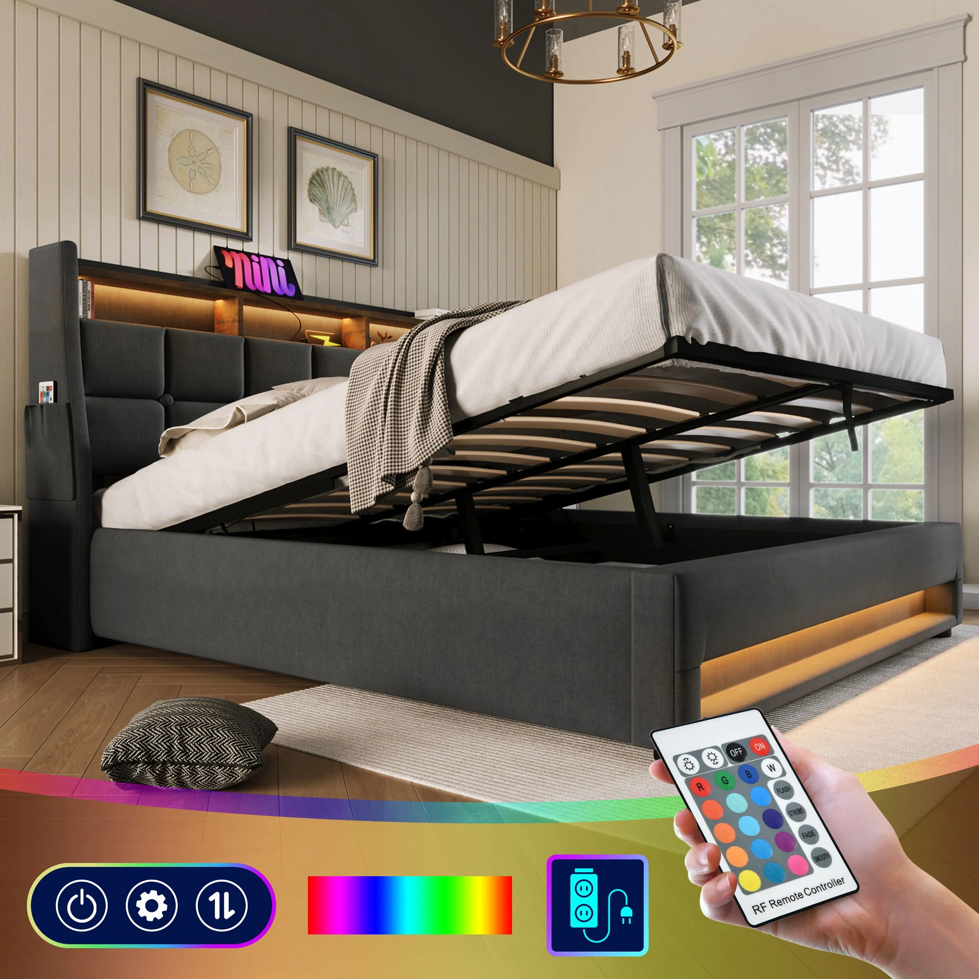 Queen Size Upholstered Platform Bed With A Hydraulic Storage System, LED And USB Charging (Without Mattress) - Gray - Image 8