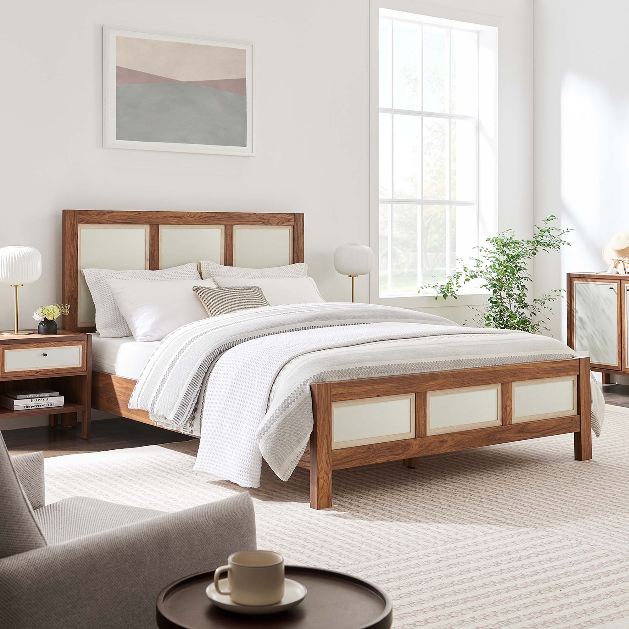Queen Walnut Wood Grain Mid-Century Modern Platform Bed - Image 7