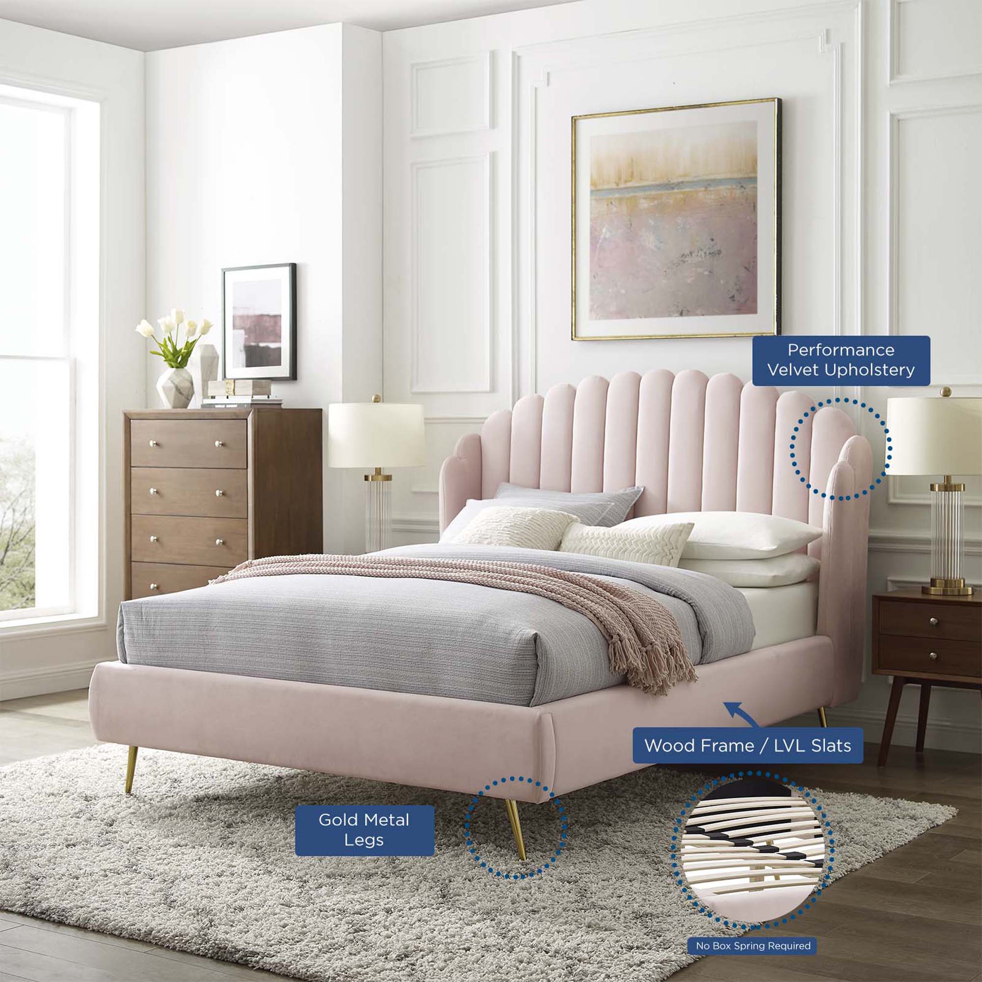 Wingback Channel Tufted Performance Velvet Queen Platform Bed - Image 3