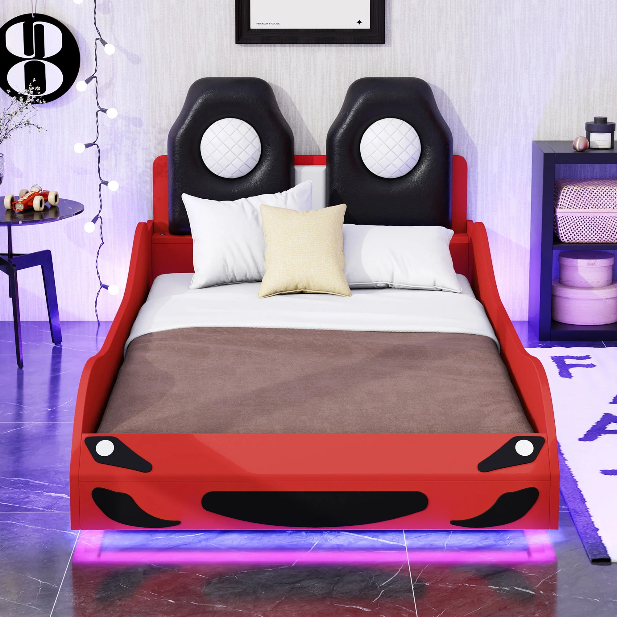 Race Car Shaped Platform Bed With LED And Upholstered Backrest In - Image 18