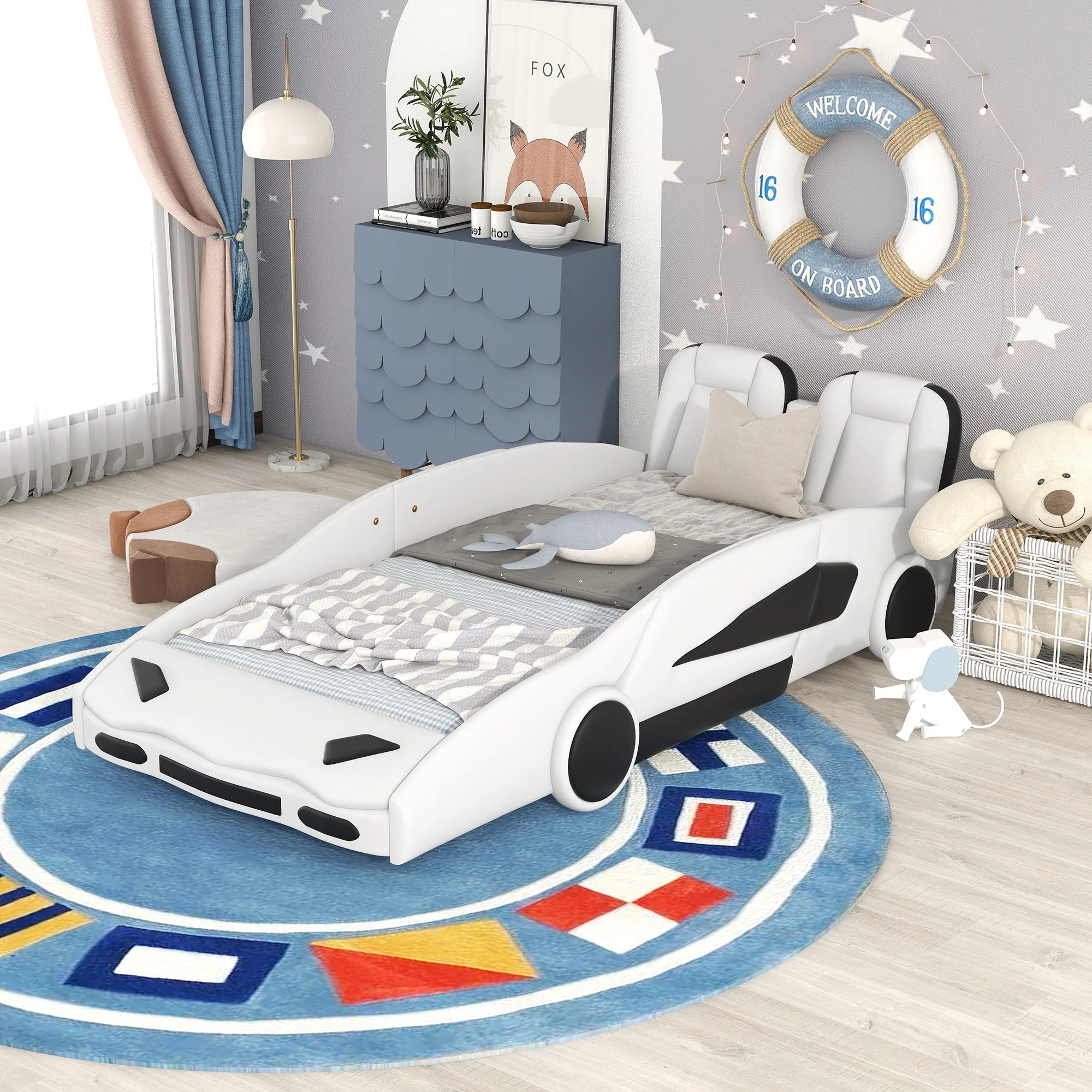 Race Car Shaped Twin Platform Bed With Wheels, Pine Wood Construction - Image 12