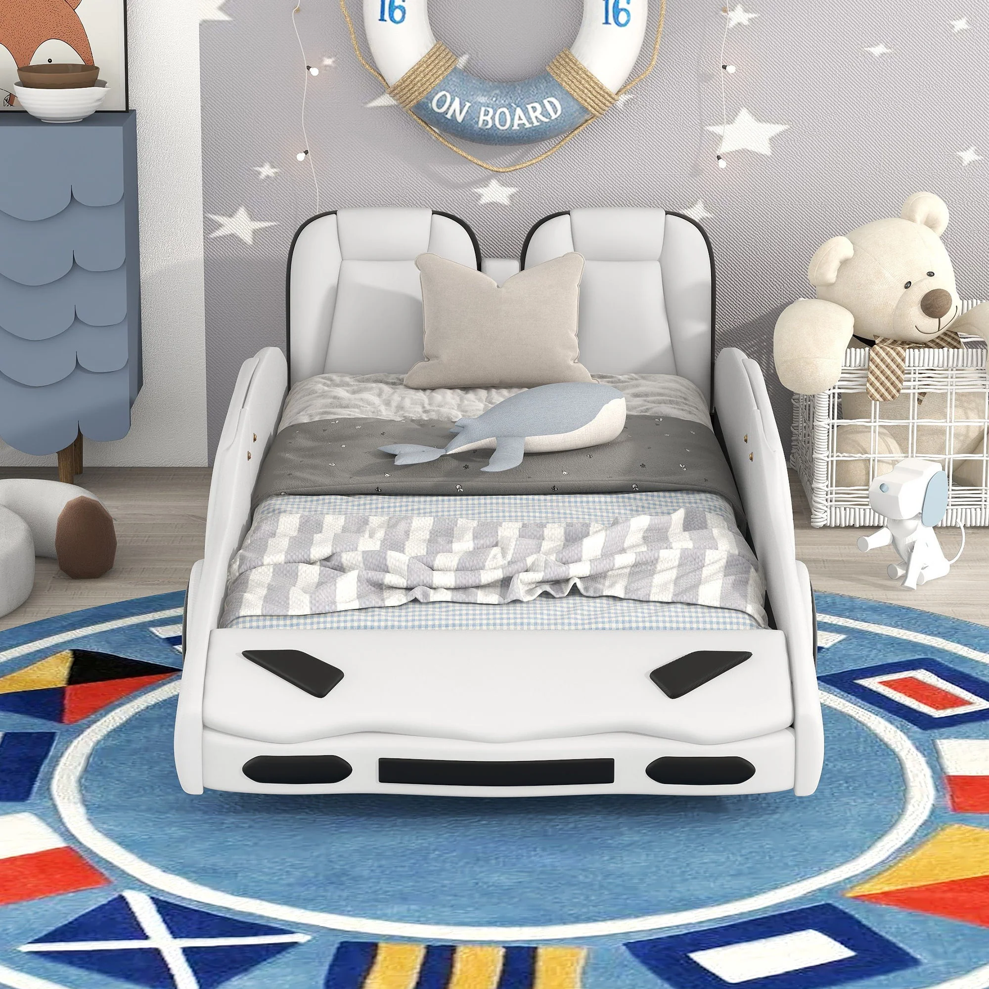 Race Car Shaped Twin Platform Bed With Wheels, Pine Wood Construction - Image 15