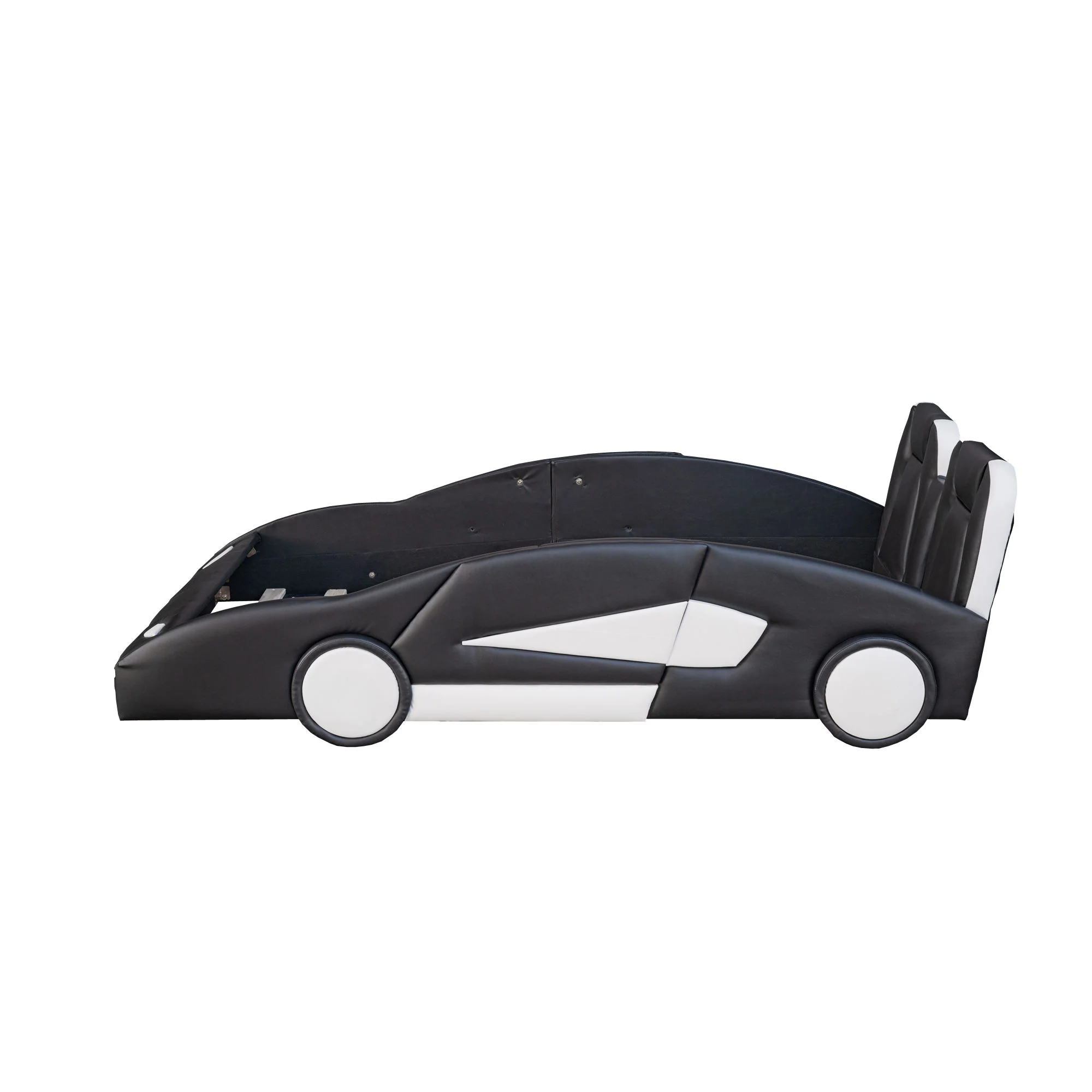 Race Car Shaped Twin Platform Bed With Wheels, Pine Wood Construction - Image 9