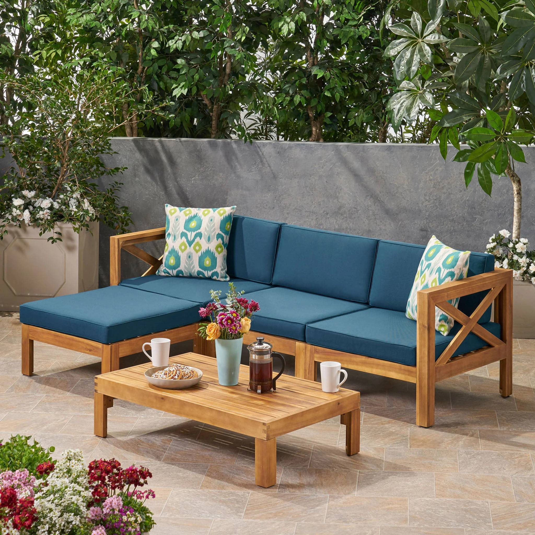 Radiat 5 Piece Outdoor L Shaped Sof Set With Coffee Table And Water Resistant Cushions - Teak - Image 8
