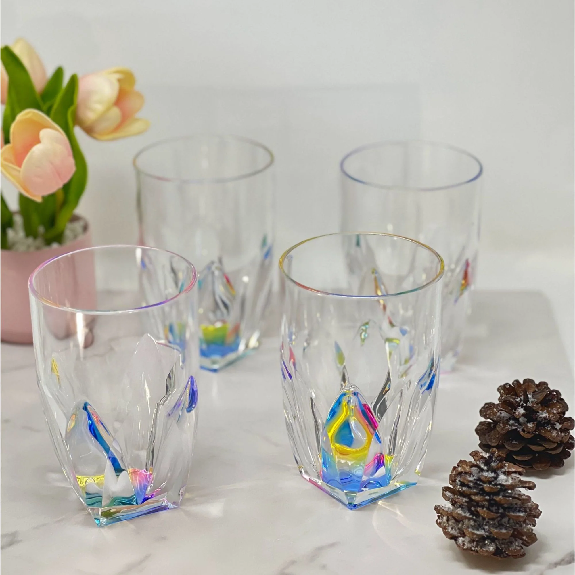 Rainbow Diamond Acrylic Glasses Drinking (Set of 4) Hi Ball 17Oz, Bpa Free Plastic Cocktail Glasses - Clear - Image 8