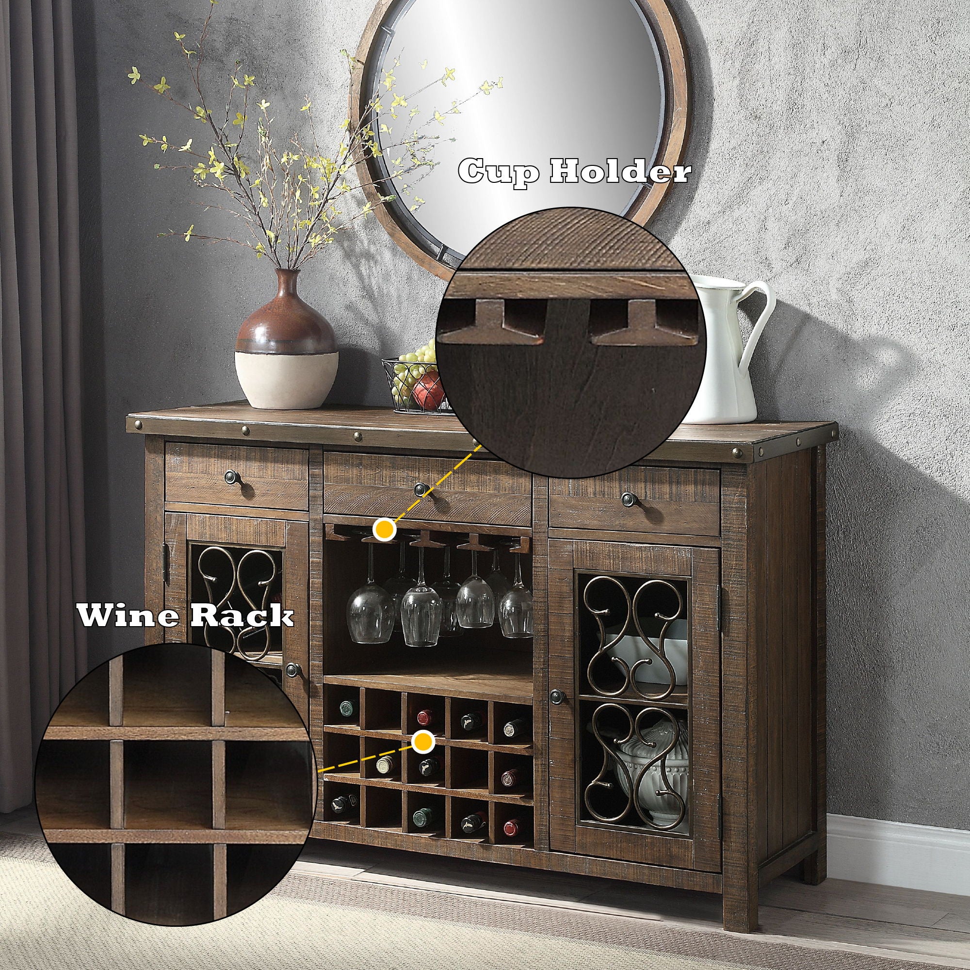 Raphaela - Server With Cup Holder & Wine Rack - Cherry - Image 3