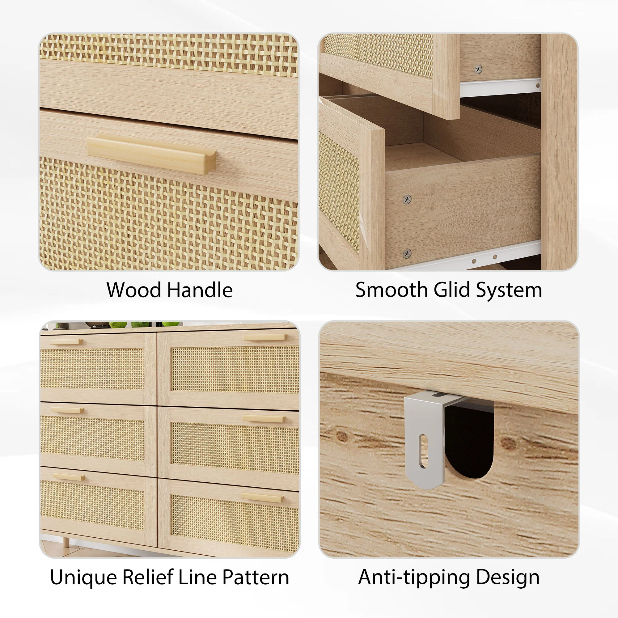 Rattan 6 Drawers Chest Of Dressers For Bedroom, Modern 6 Drawer Dresser, Wide Chest Of Drawers With Wood Handles, Rattan Dresser Storage Cabinet For Living Room, Bedroom, Hallway - Natural Wood / Oak - Image 3