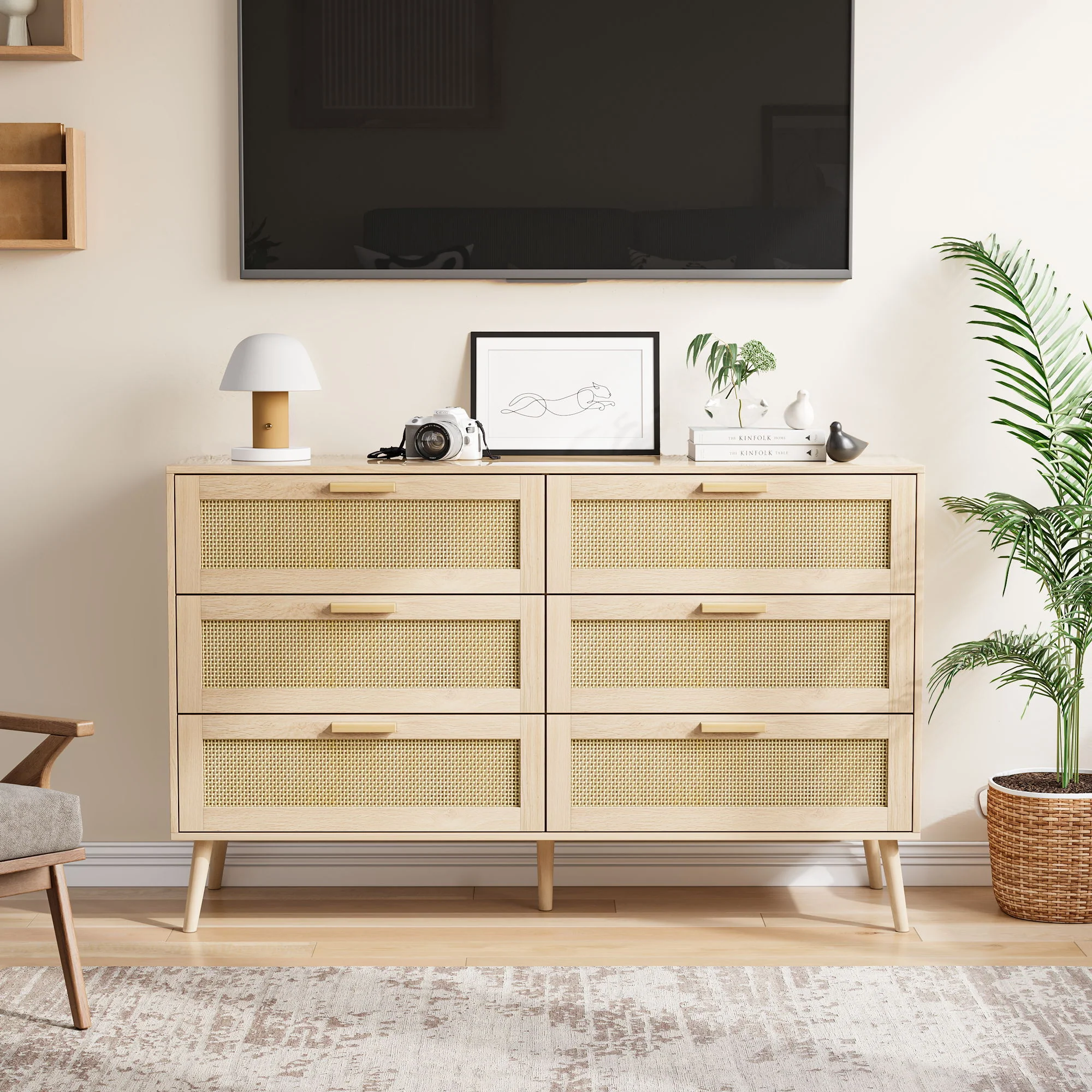 Rattan 6 Drawers Chest Of Dressers For Bedroom, Modern 6 Drawer Dresser, Wide Chest Of Drawers With Wood Handles, Rattan Dresser Storage Cabinet For Living Room, Bedroom, Hallway - Natural Wood / Oak - Image 4