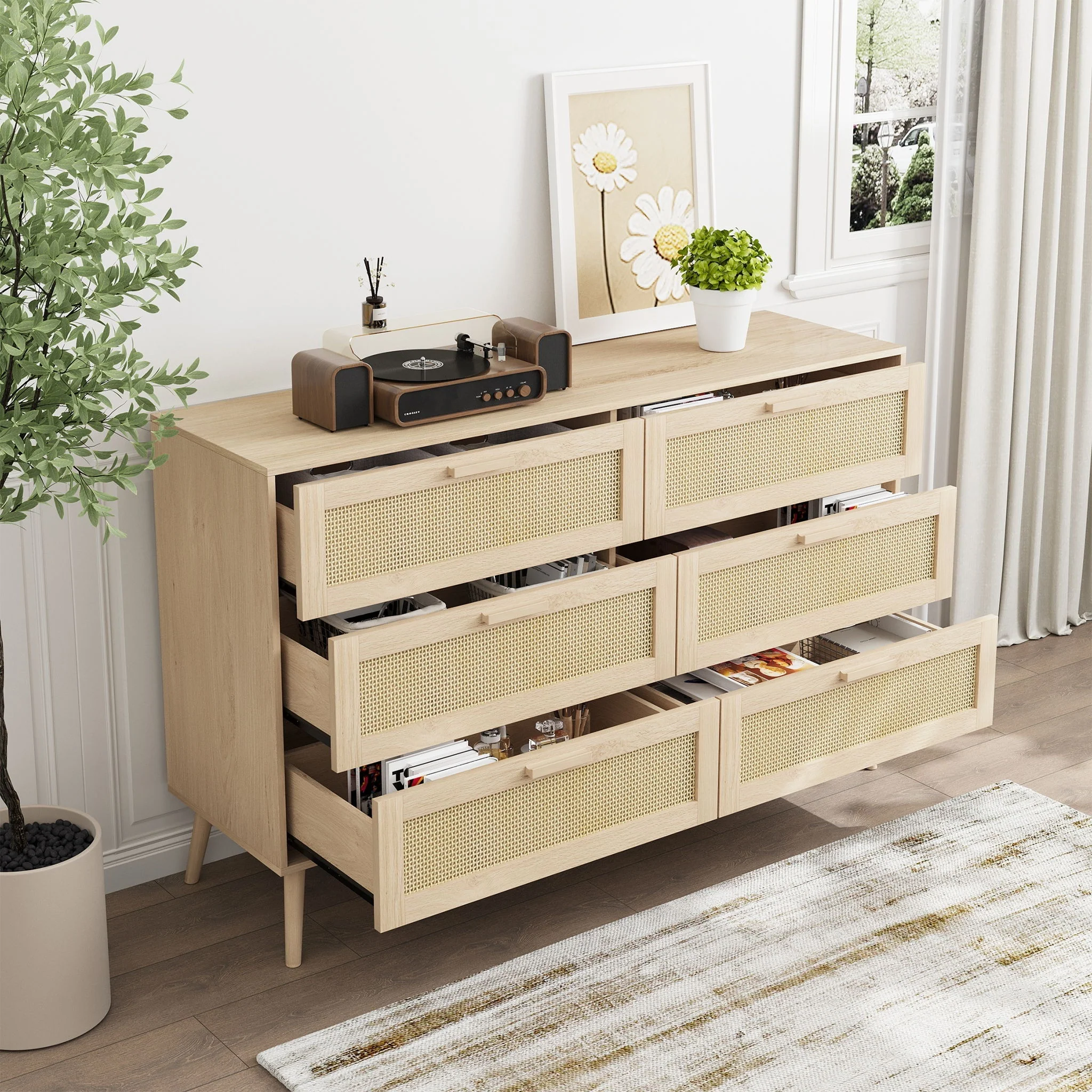 Rattan 6 Drawers Chest Of Dressers For Bedroom, Modern 6 Drawer Dresser, Wide Chest Of Drawers With Wood Handles, Rattan Dresser Storage Cabinet For Living Room, Bedroom, Hallway - Natural Wood / Oak - Image 9