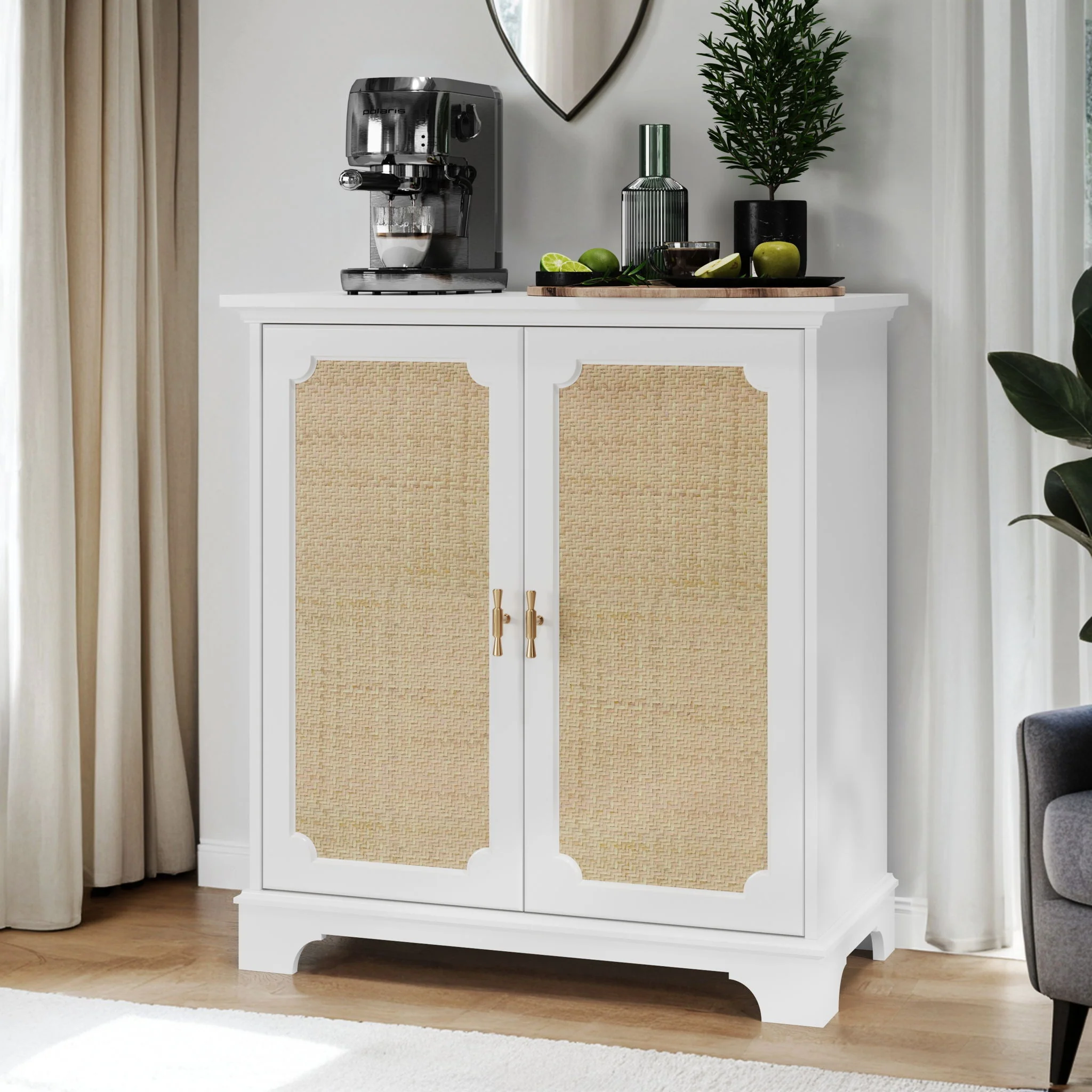 Rattan Decorated Sideboard Buffet Storage Liquor Cabinet - White - Image 6