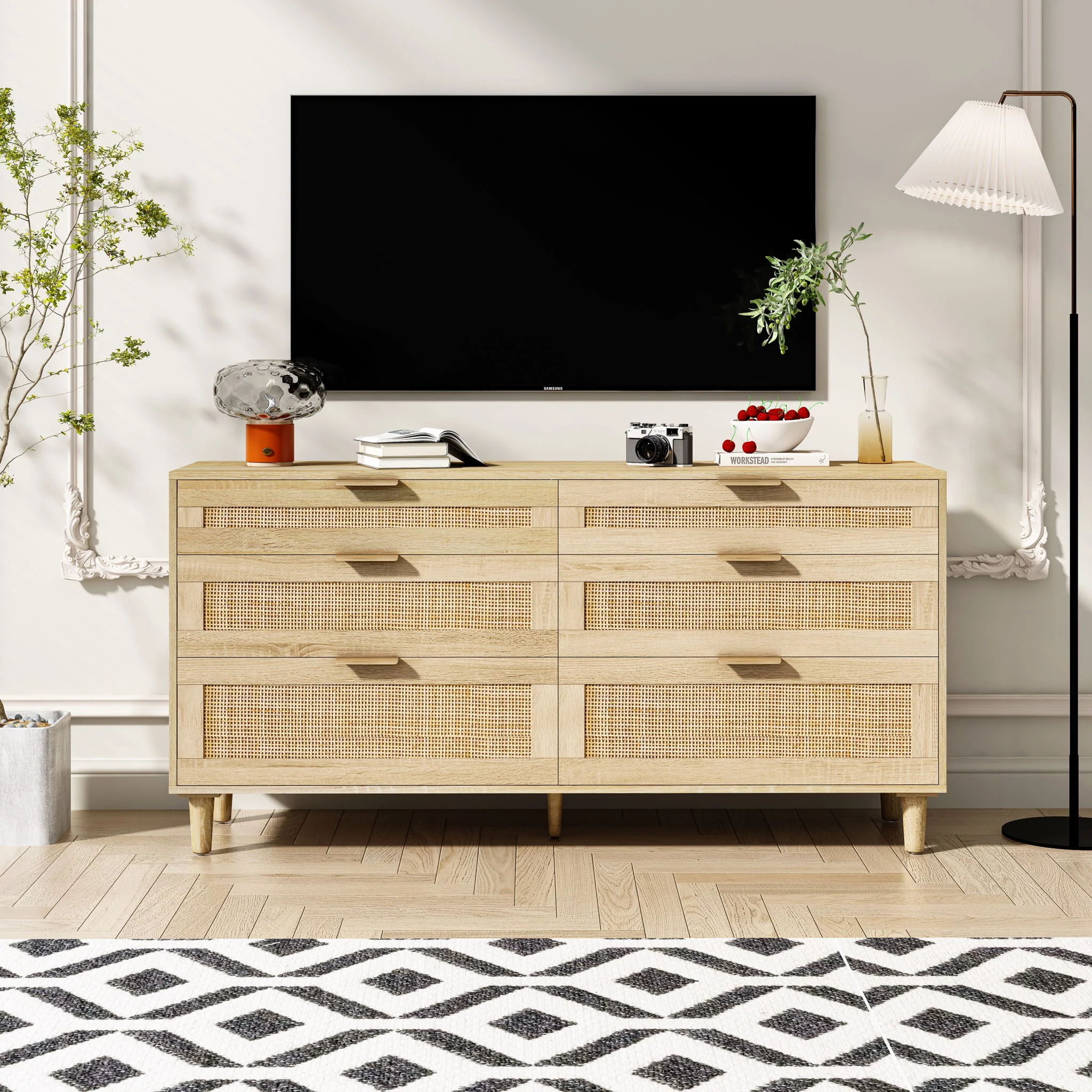 Rattan Dresser With 6 Drawers, Legs & Handles, Storage Cabinet - Natural - Image 2