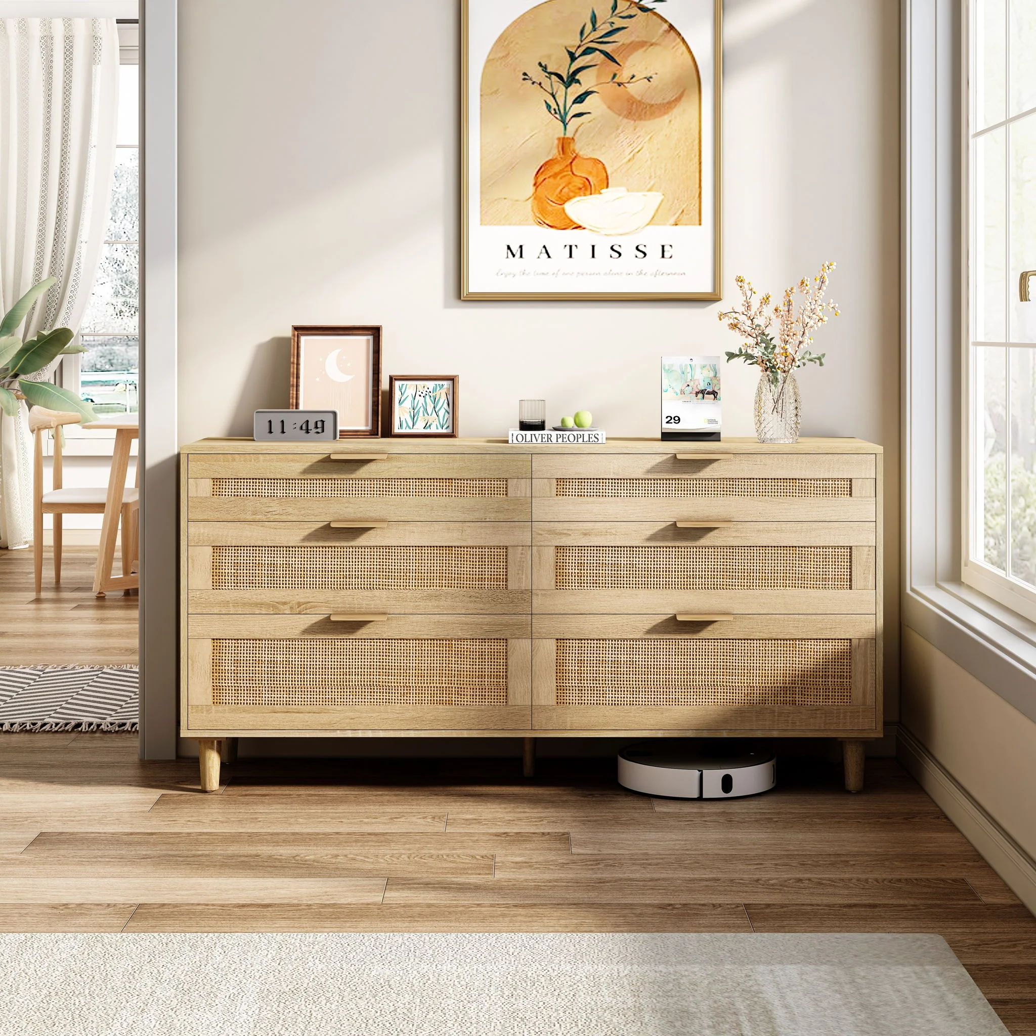 Rattan Dresser With 6 Drawers, Legs & Handles, Storage Cabinet - Natural - Image 5