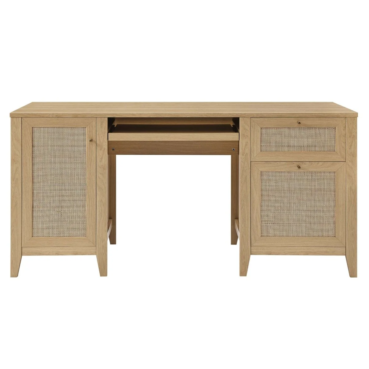 63" Oak Rattan Office Desk with Storage - Image 5