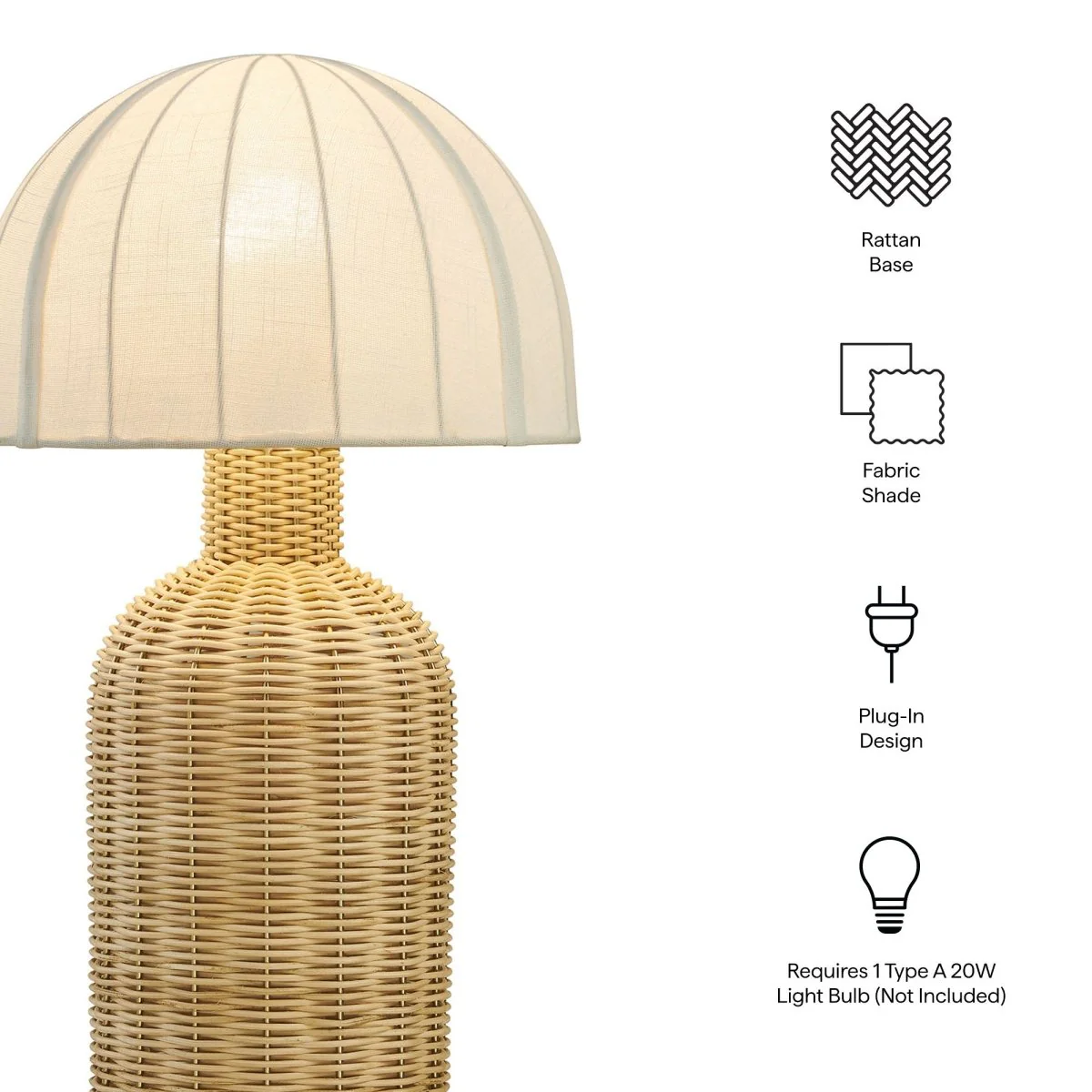Rattan Table Lamp with Dome Fabric Shade – White and Natural - Image 3