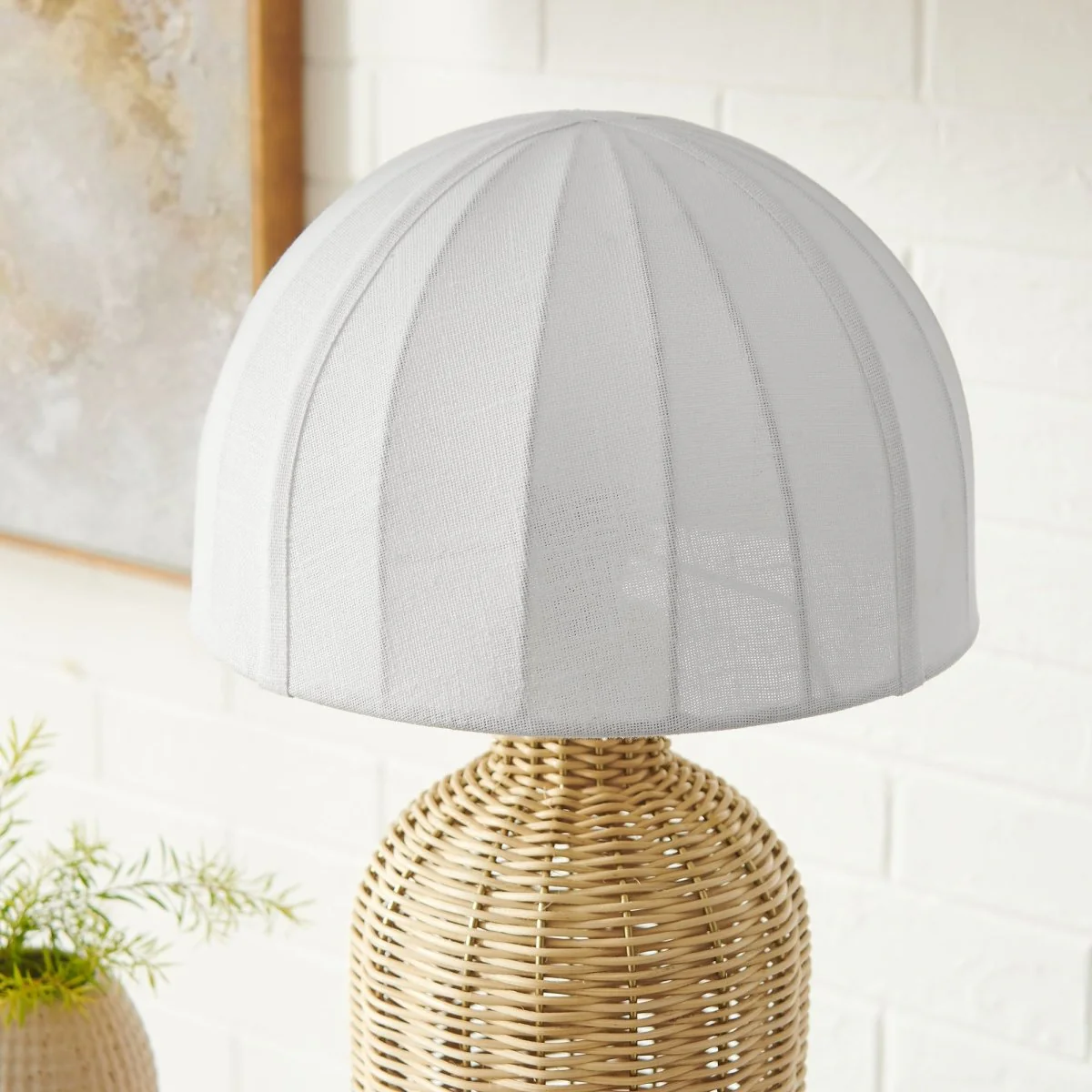 Rattan Table Lamp with Dome Fabric Shade – White and Natural - Image 6