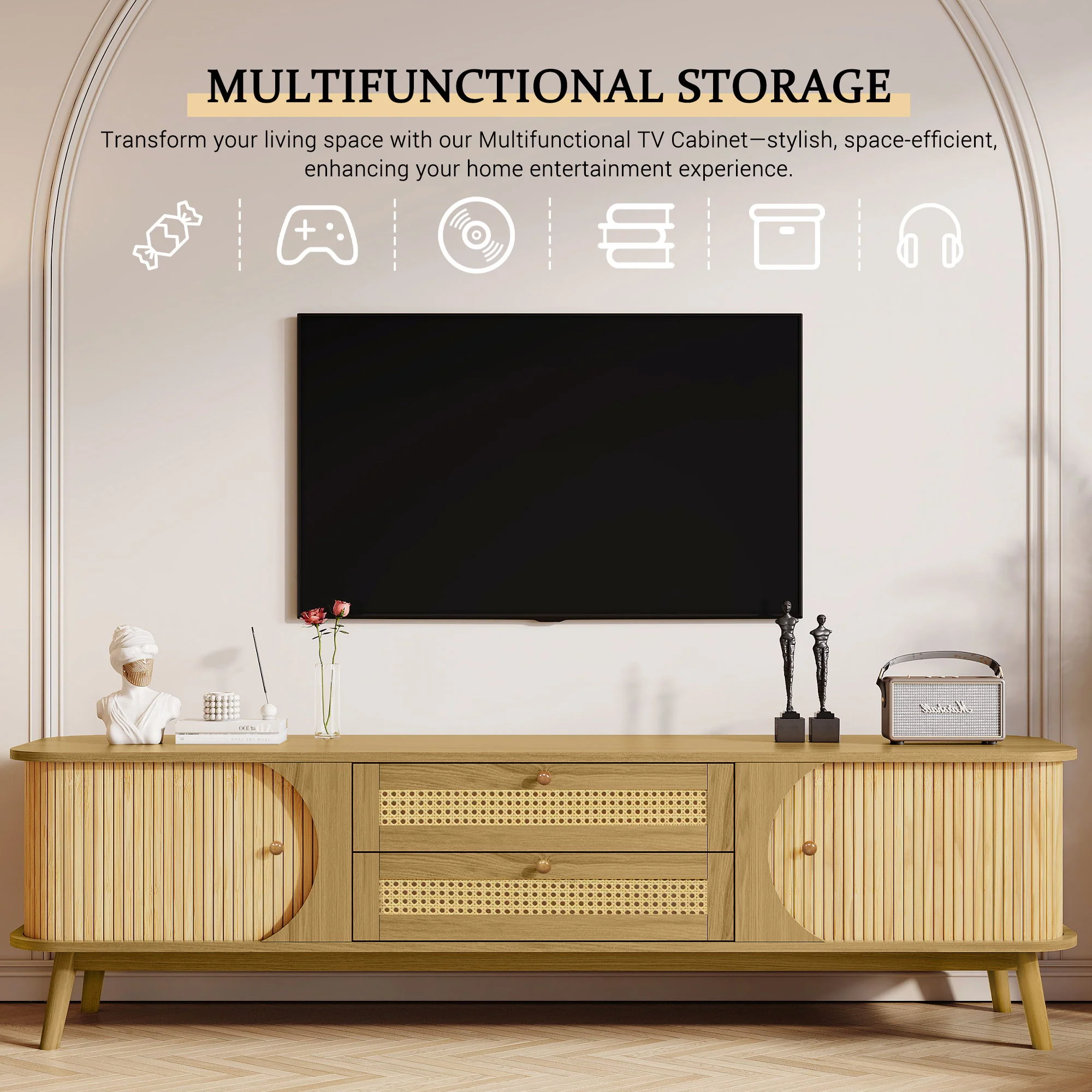 Rattan TV Stand For Tvs Up To 75'', Modern Farmhouse Media Console, Entertainment Center With Legs, TV Cabinet For Living Room, Home Theatre - Natural Wood - Image 4
