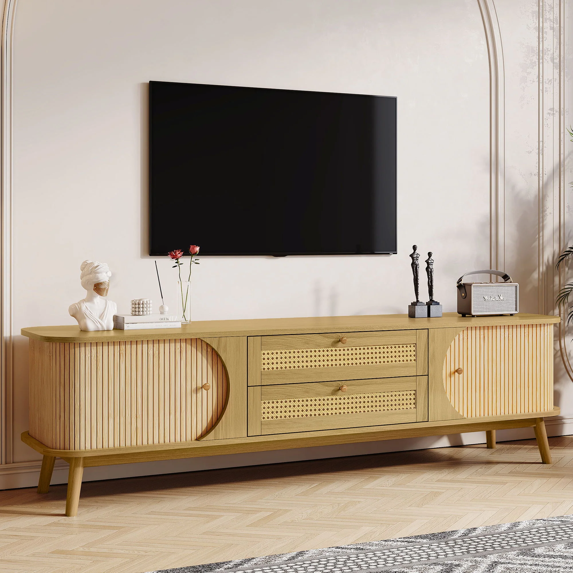 Rattan TV Stand For Tvs Up To 75'', Modern Farmhouse Media Console, Entertainment Center With Legs, TV Cabinet For Living Room, Home Theatre - Natural Wood - Image 5