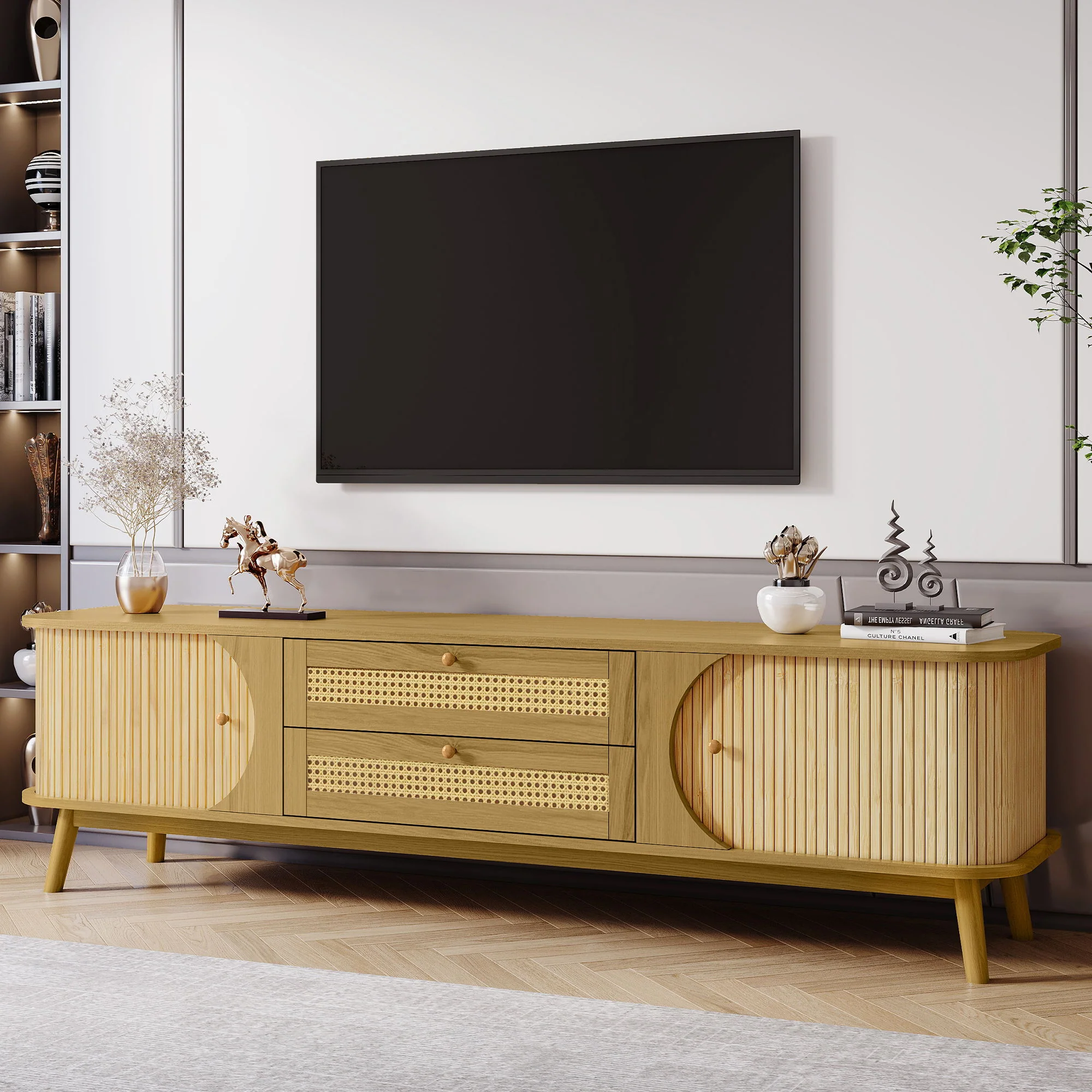 Rattan TV Stand For Tvs Up To 75'', Modern Farmhouse Media Console, Entertainment Center With Legs, TV Cabinet For Living Room, Home Theatre - Natural Wood - Image 6