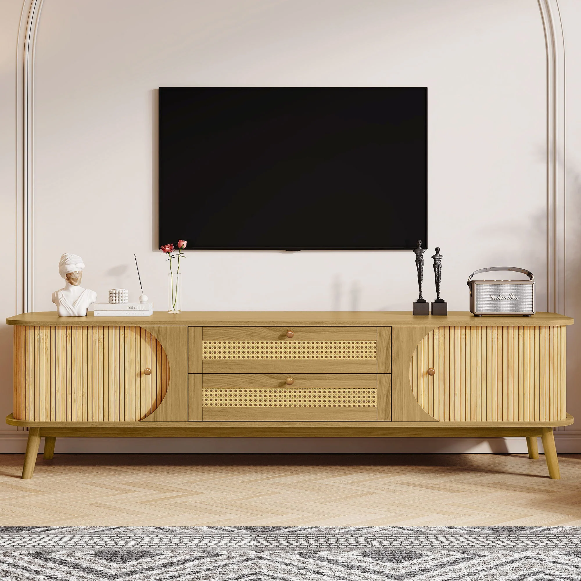 Rattan TV Stand For Tvs Up To 75'', Modern Farmhouse Media Console, Entertainment Center With Legs, TV Cabinet For Living Room, Home Theatre - Natural Wood - Image 8