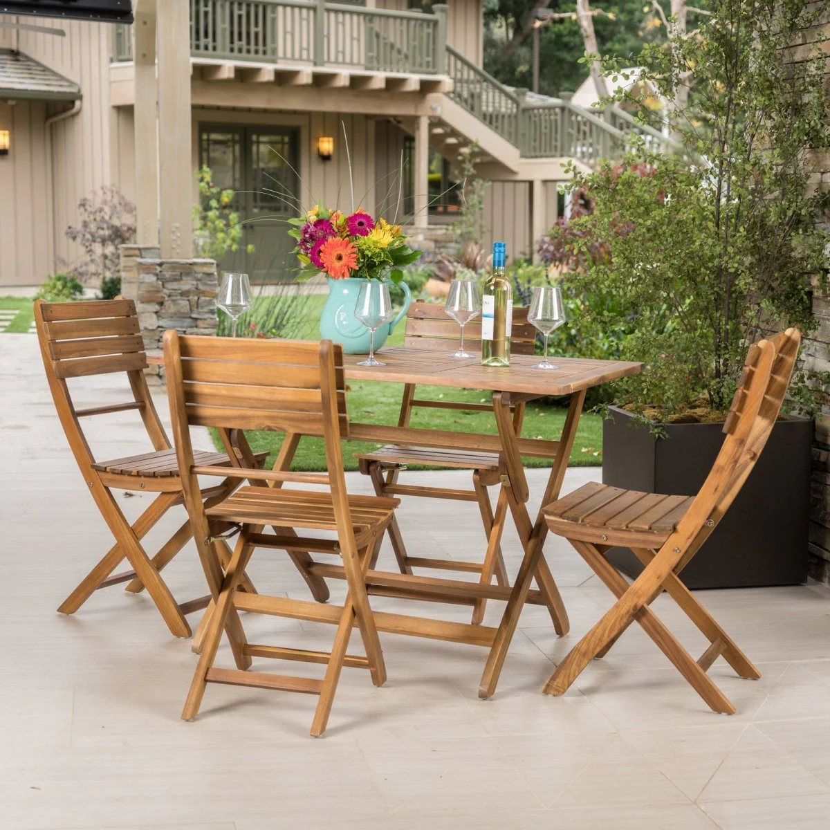 Ravella 5 Piece Folding Acacia Wood Outdoor Dining Set Natural Finish - Image 2