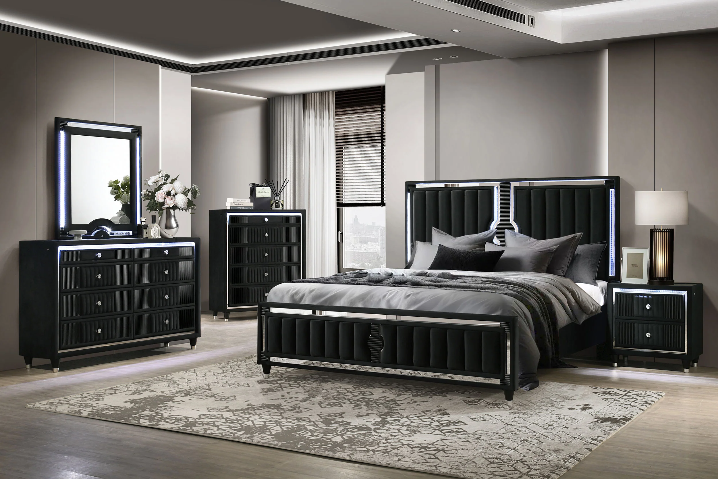 Ravenne 8-Drawer Black Velvet LED Dresser Cabinet - Image 11