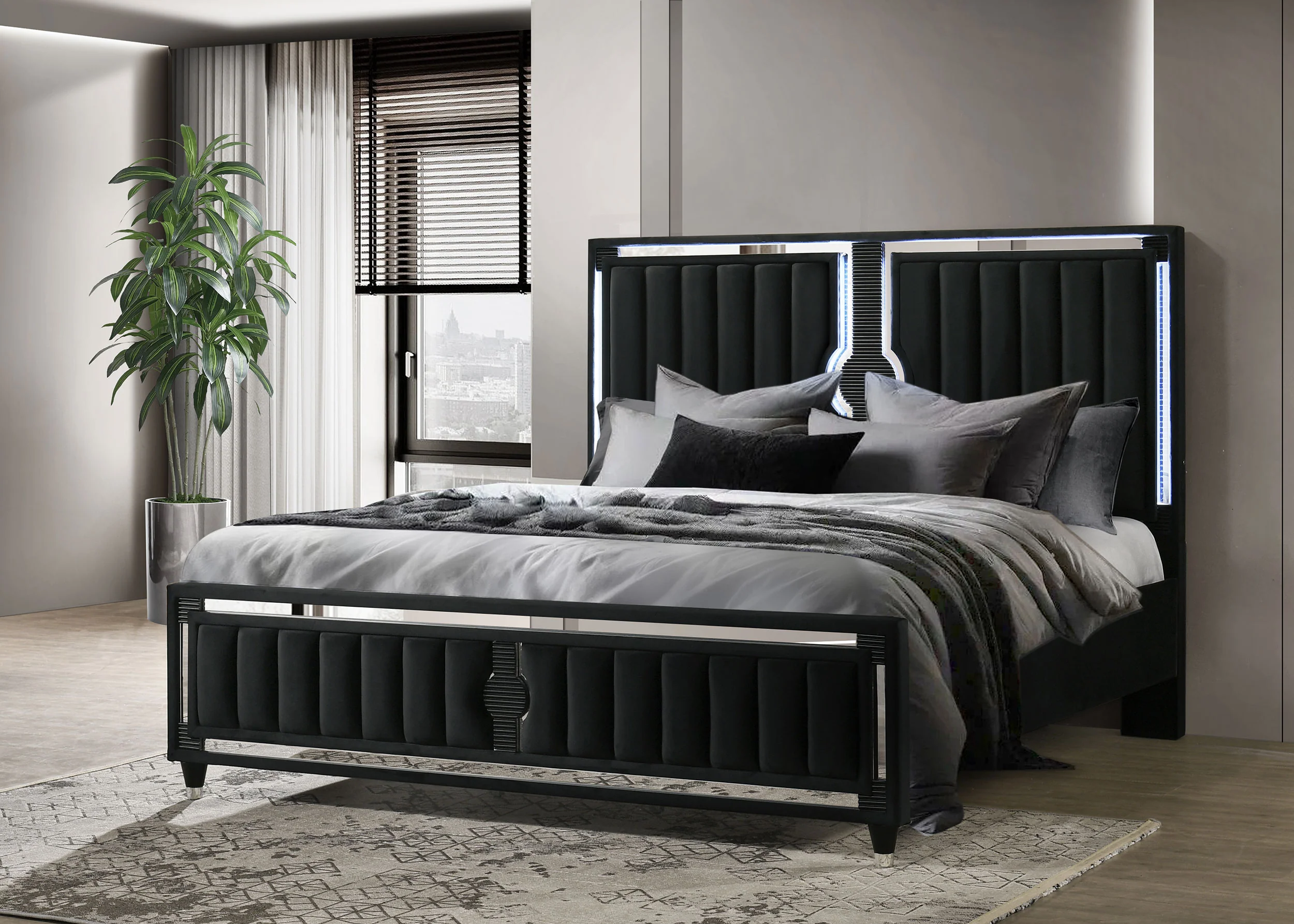 Ravenne Velvet Upholstered Eastern King LED Panel Bed Black - Image 4