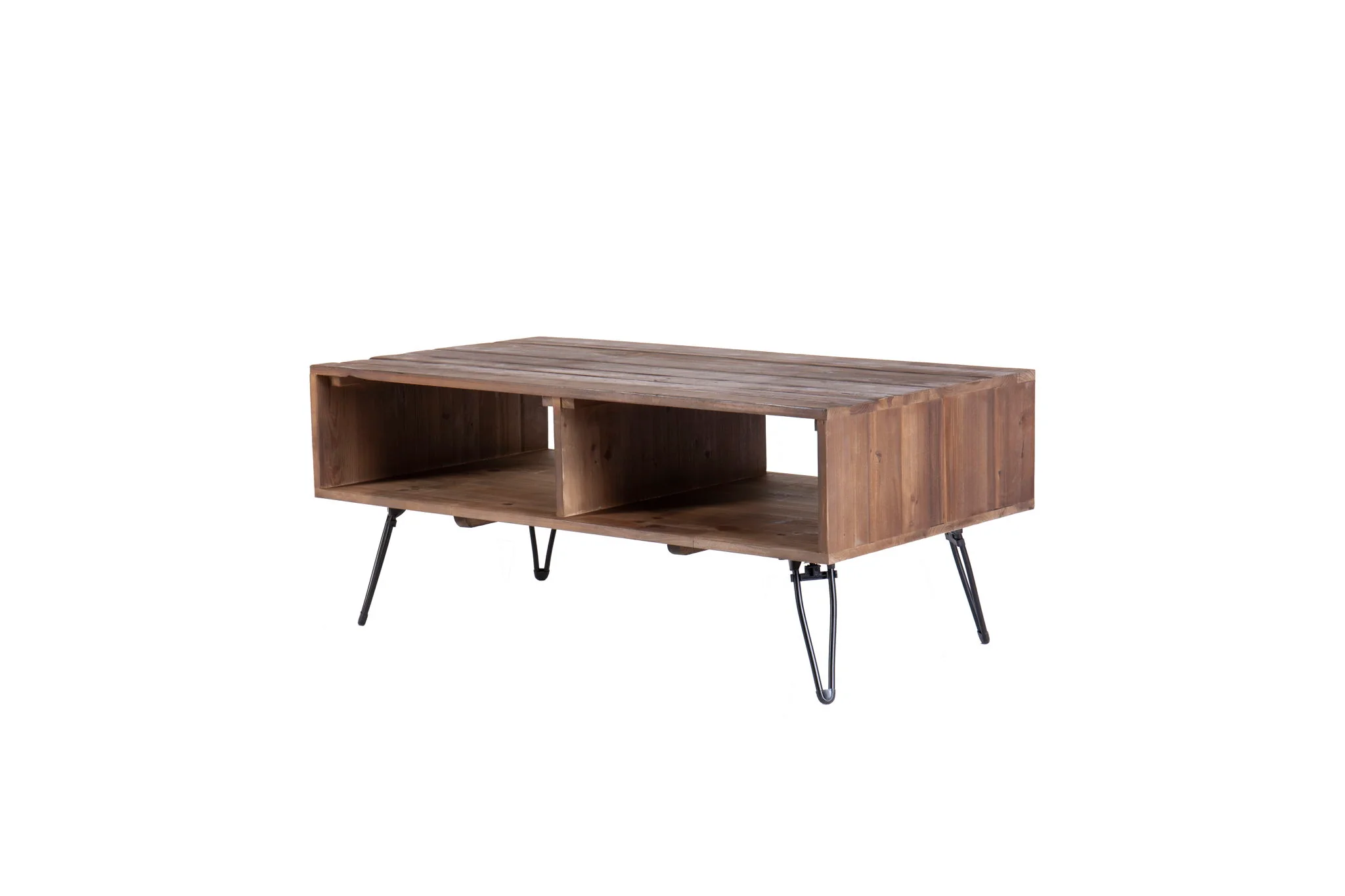 Reclaimed Wood Cocktail Table With Open Storage For Living Room, Metal Legs, Foldable - Black / Natural - Image 5