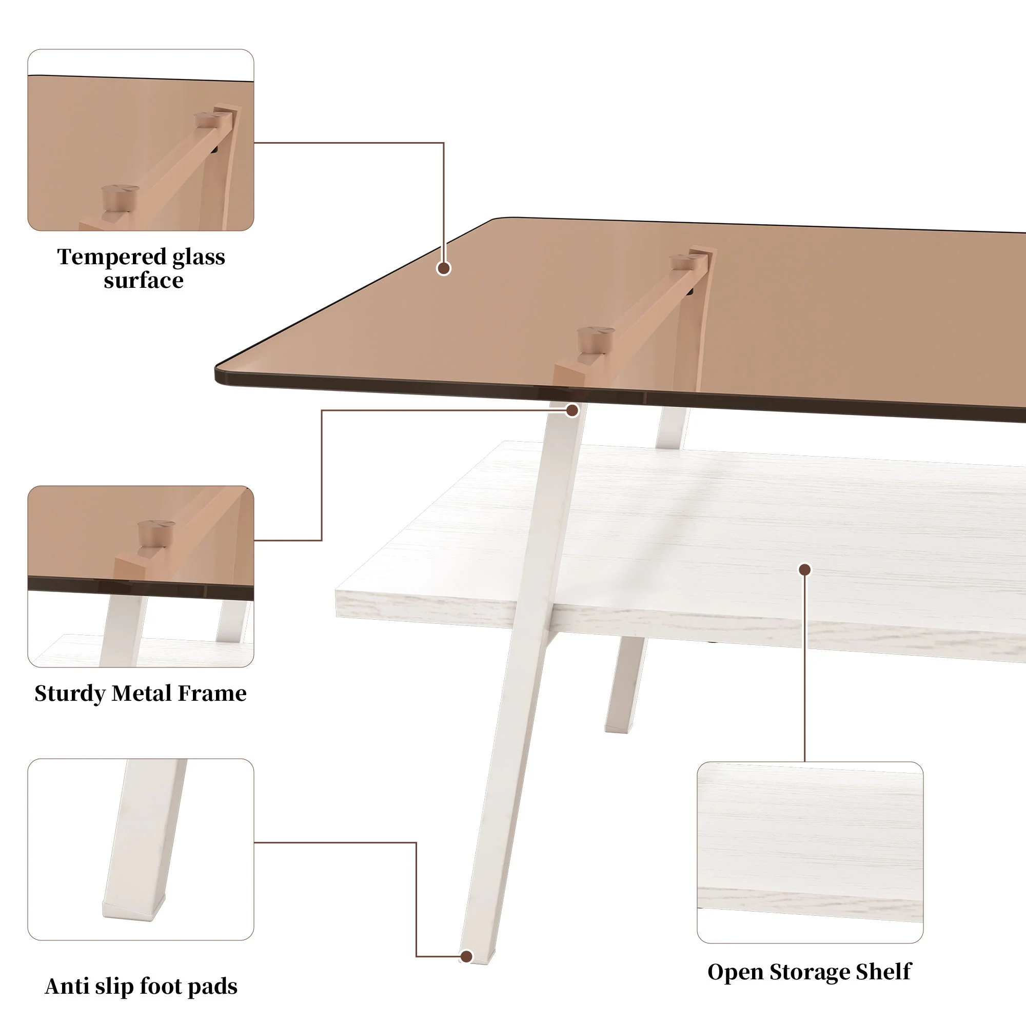 Rectangle Coffee Table, Tempered Glass Tabletop Modern Table For Living Room - Image 11