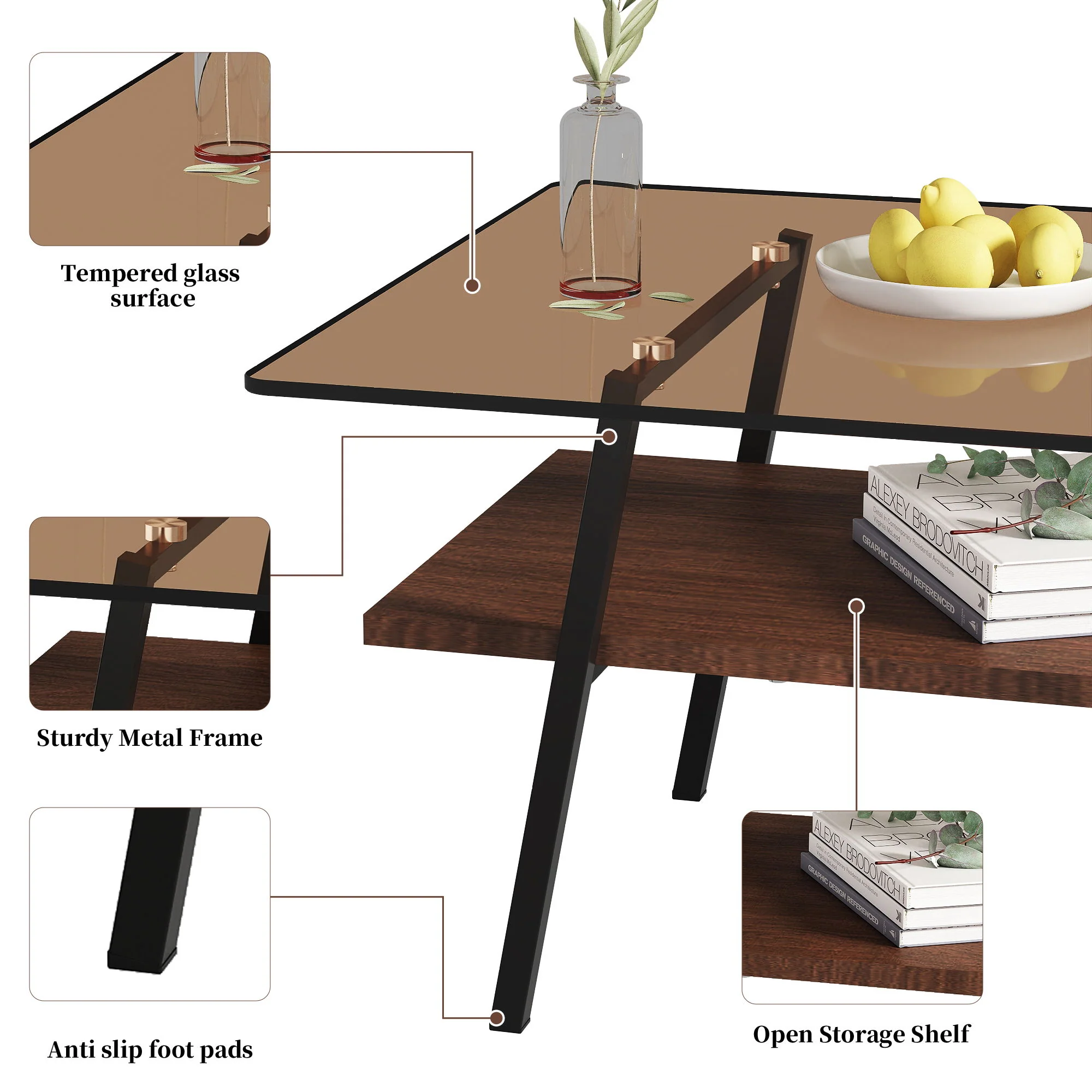Rectangle Coffee Table, Tempered Glass Tabletop Modern Table For Living Room - Image 13
